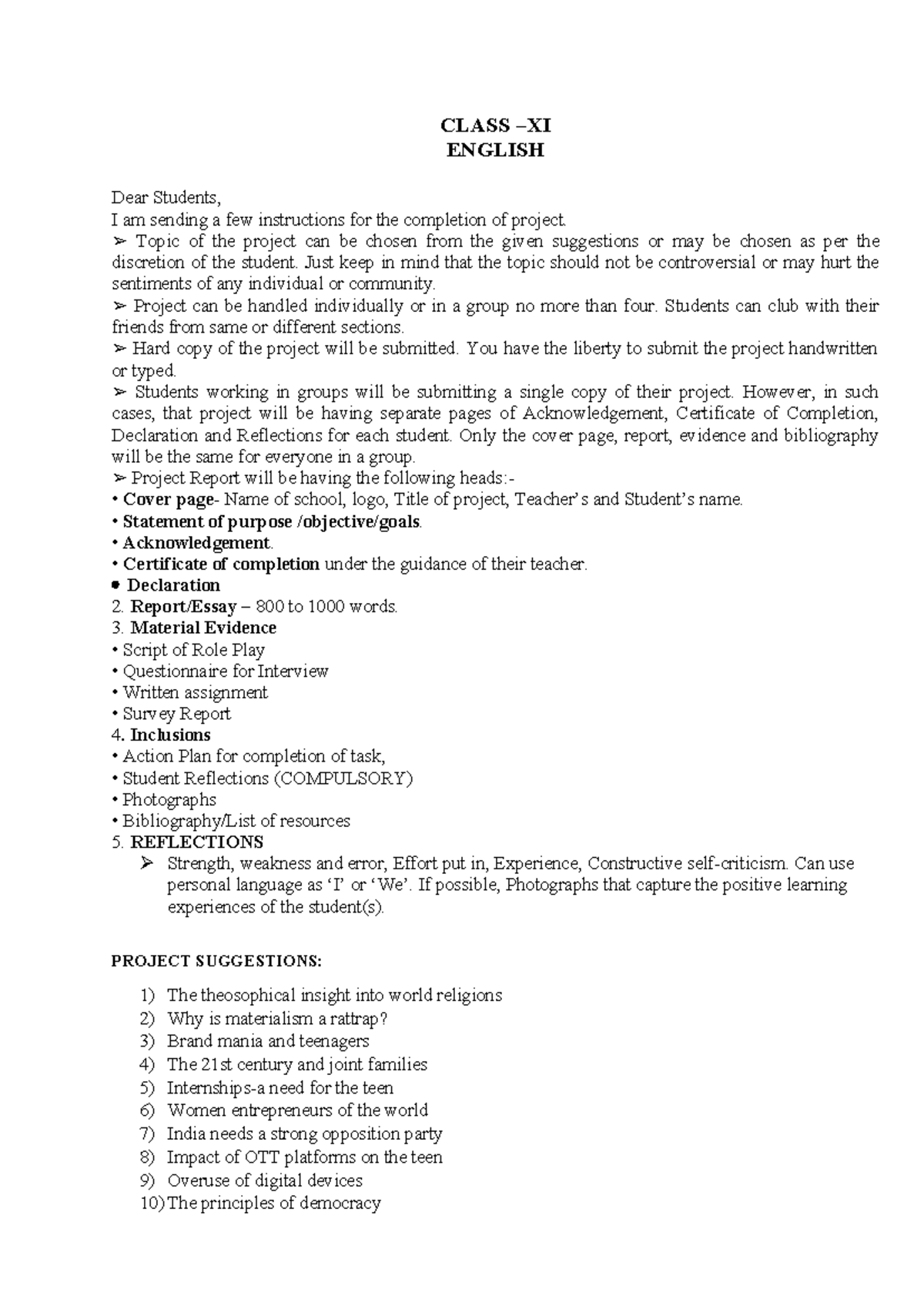 Project Guidelines for Class XI English (C.B.S.E.) - Studocu