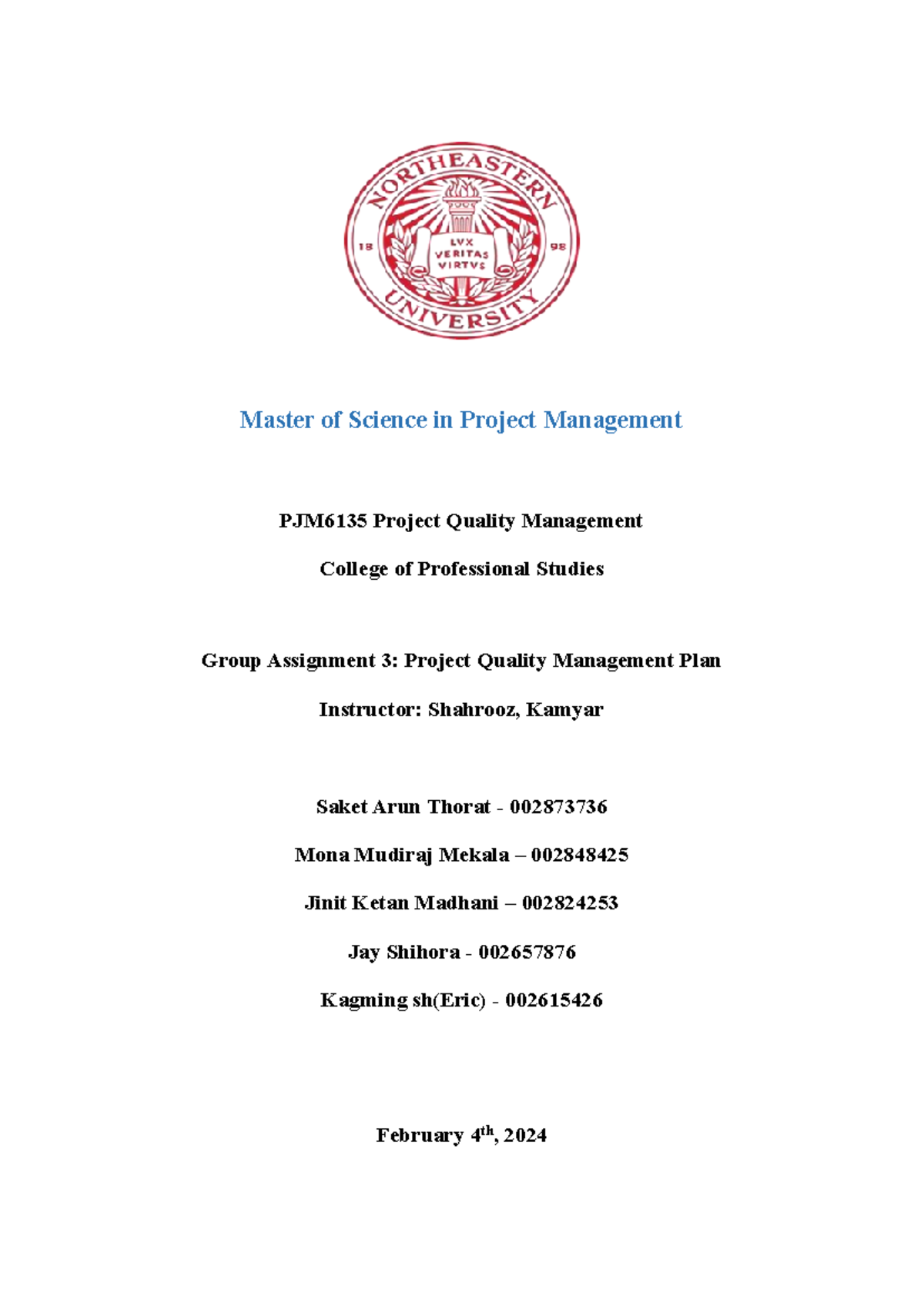 Group 4 PJM6135 Project Quality Management Plan - Part 2 Draft - Studocu