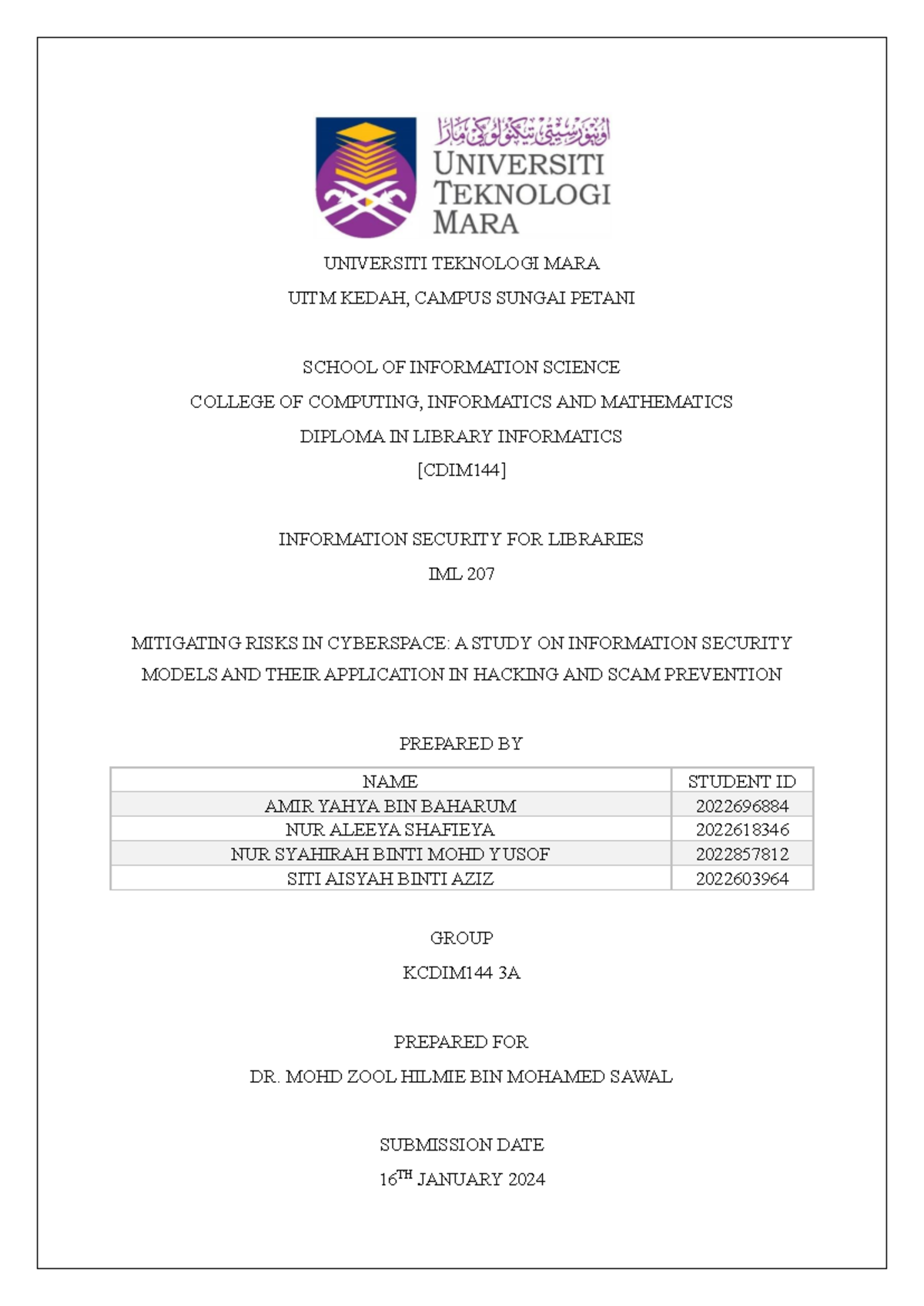 IML207 GA - Group assignment - UNIVERSITI TEKNOLOGI MARA UITM KEDAH ...