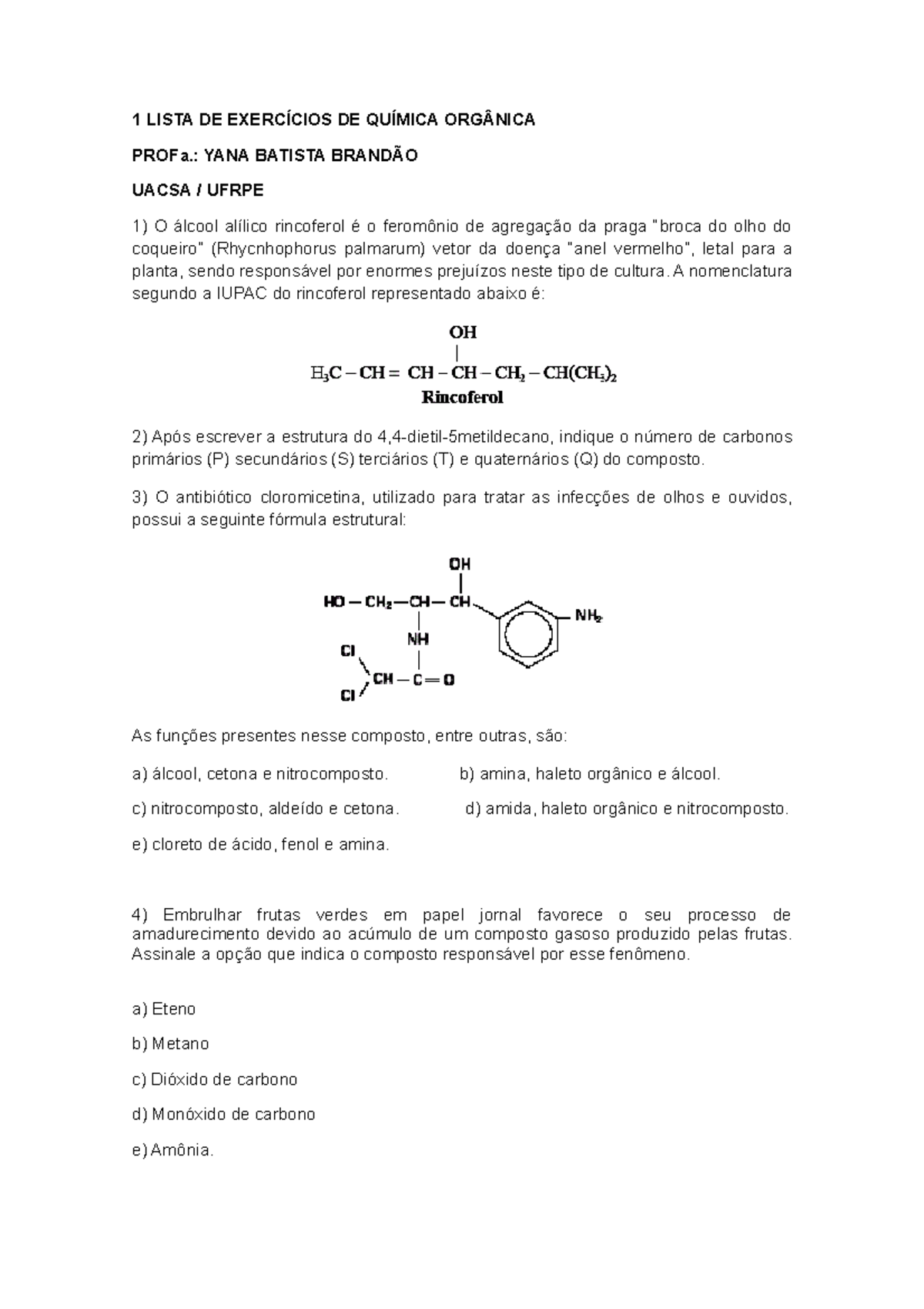 Lista de Exercícios de Química 1A: Questões sobre Química Orgânica ...