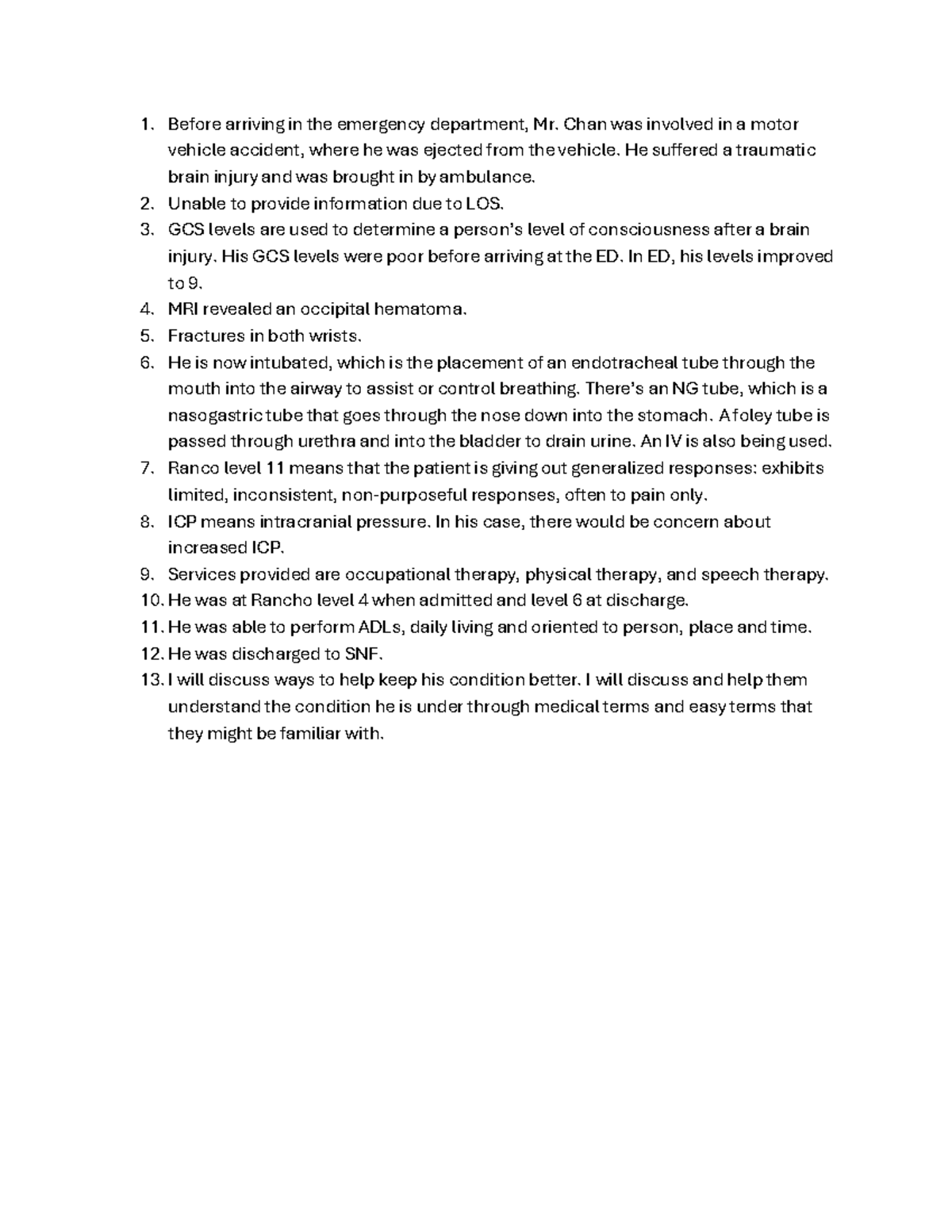 Mr. Chan Case Study: Emergency Dept. Assessment & Recovery - Studocu