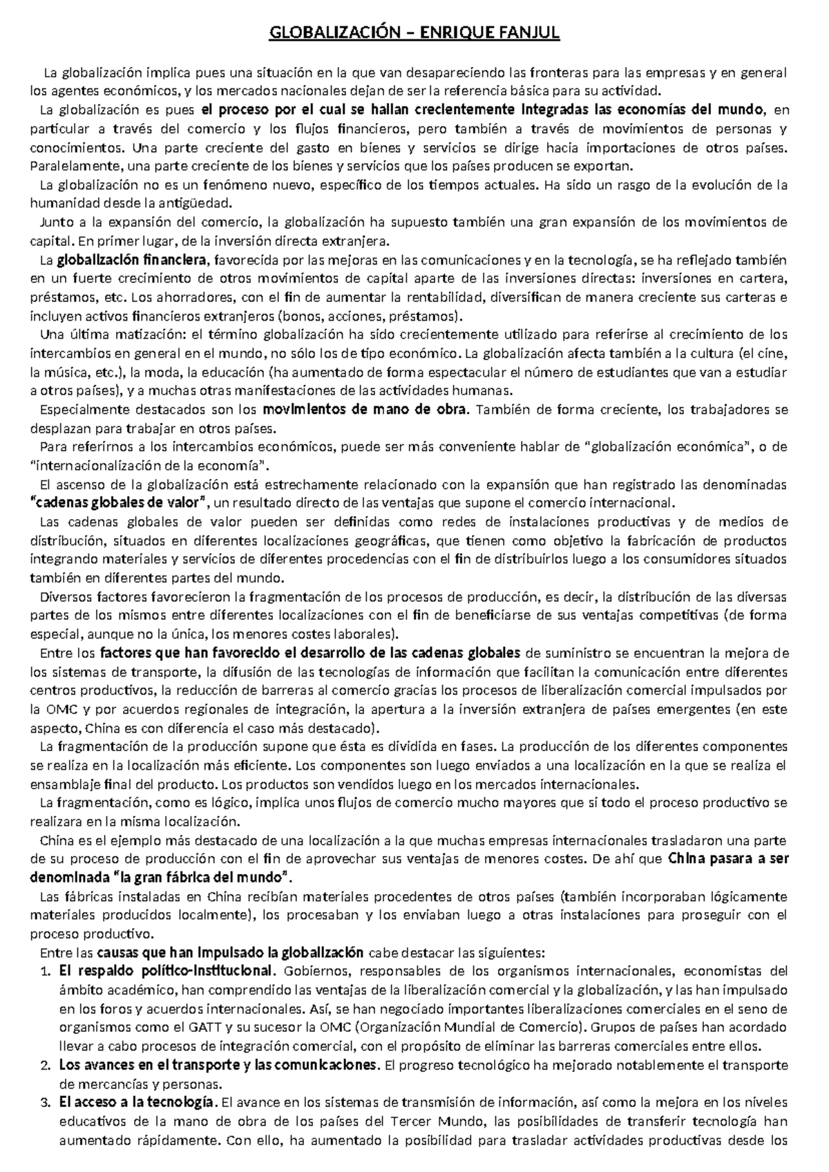 Globalización y su Impacto en la Economía Mundial - Fanjul - Studocu