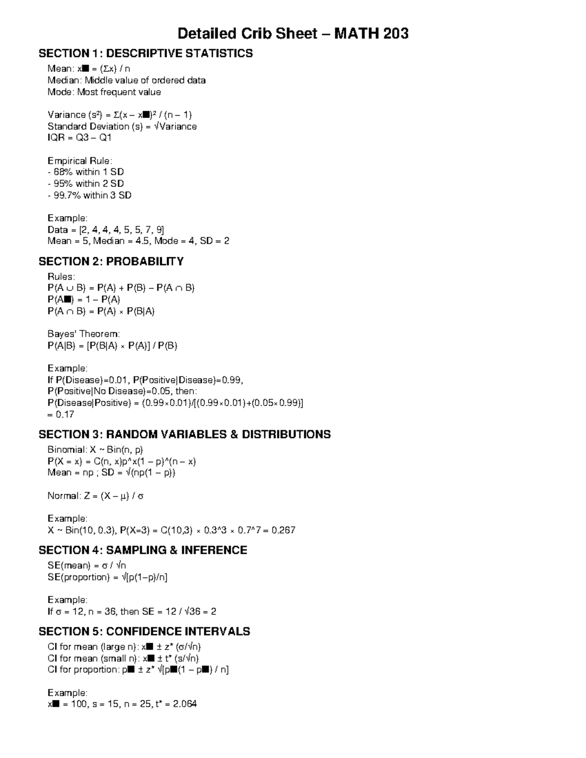 MATH 203 Crib Sheet: Descriptive Stats, Probability & Inference - Studocu