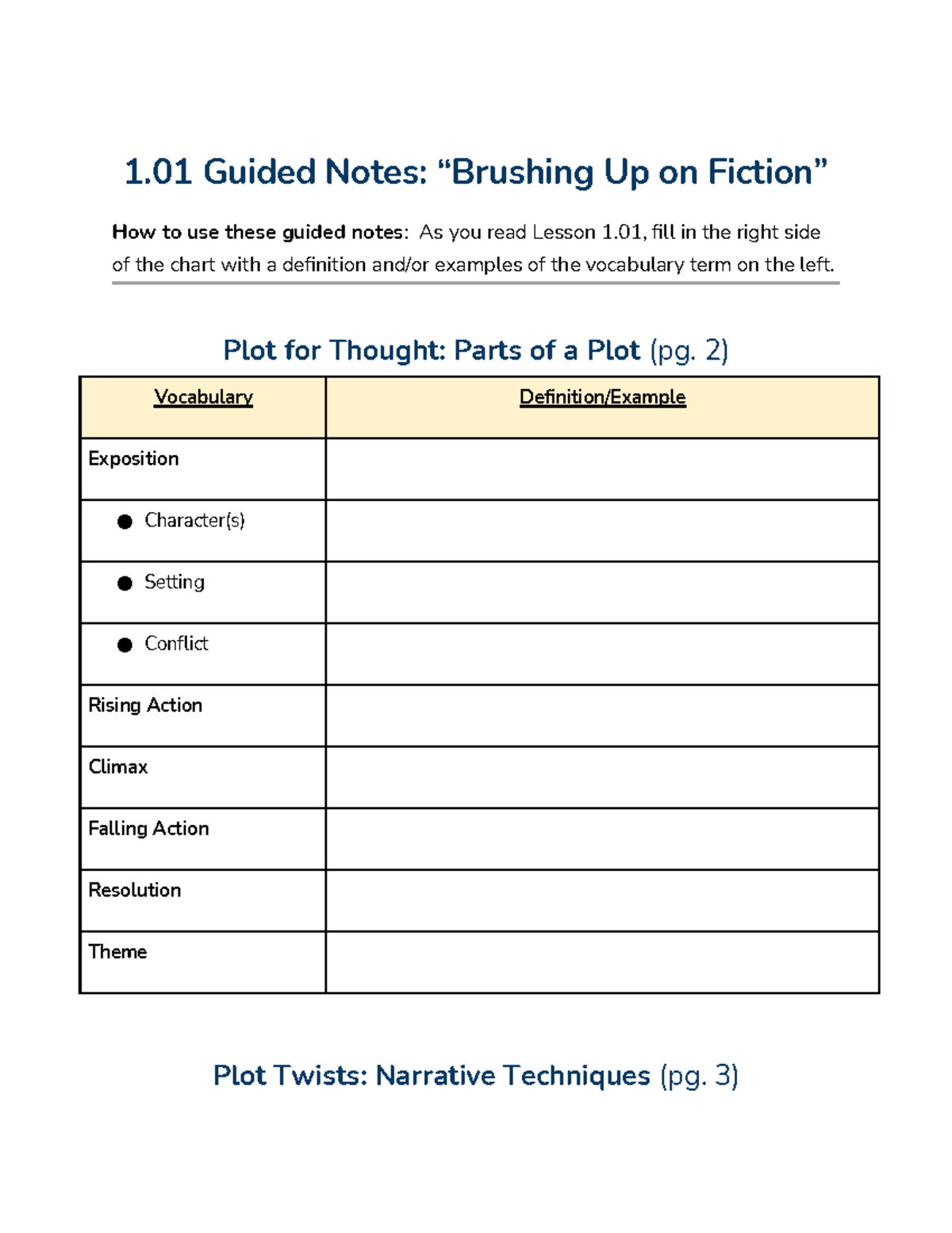 1.01 Guided Notes: Exploring Plot, Setting, and Conflict Elements - Studocu