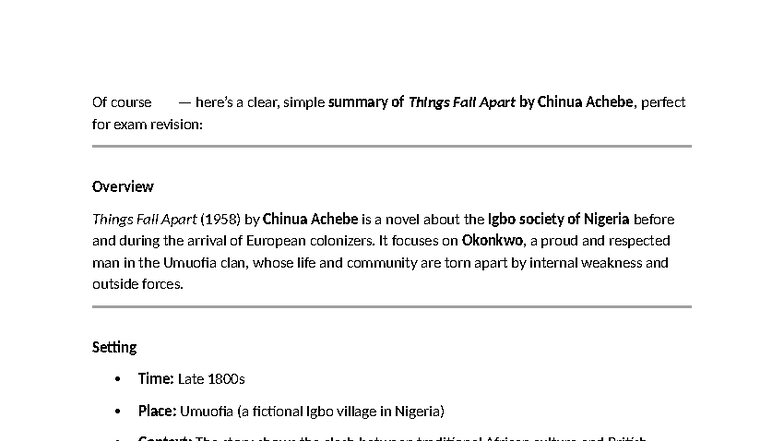 Things Fall Apart (ENG 101) Summary & Key Themes for Exam Prep - Studocu