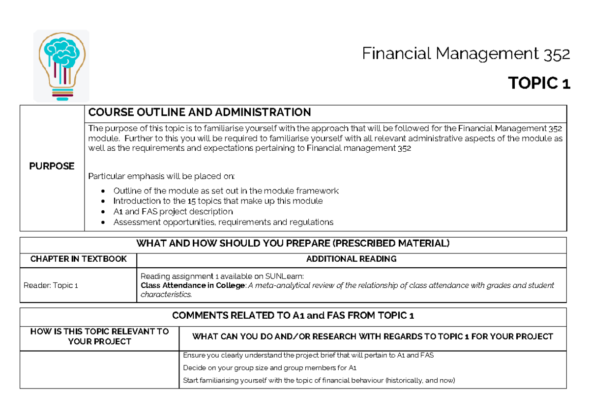 Fin Man 352: Topic 1 Course Outline & Admin Guide - Studocu