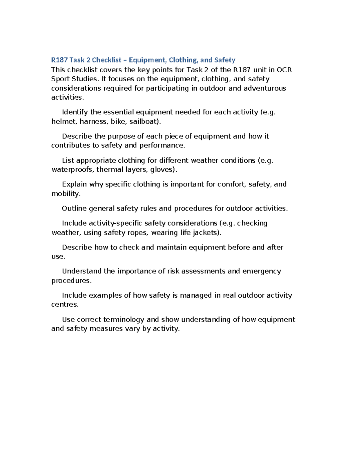 R187 Task 2 Checklist: Equipment, Clothing & Safety Guidelines - Studocu