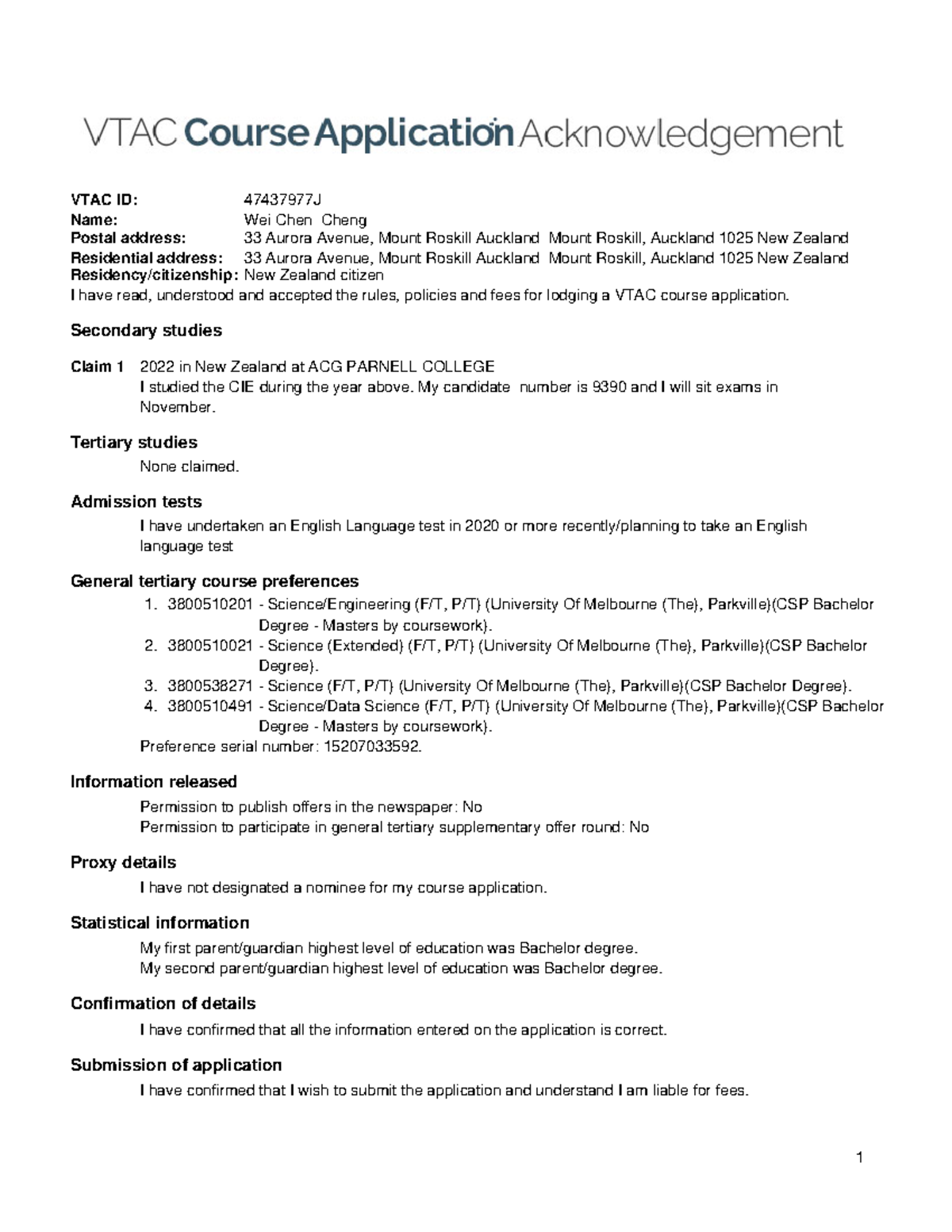 Course application confirm - VTAC ID: 47437977J Name: Wei Chen Cheng ...