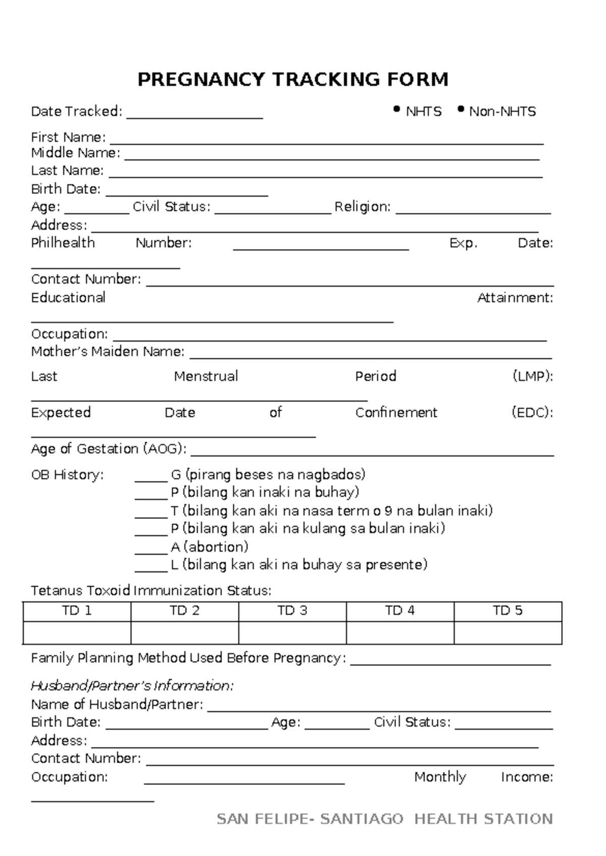 Pregnancy Tracking Form - SAN FELIPE- SANTIAGO Health Station A4 - Studocu