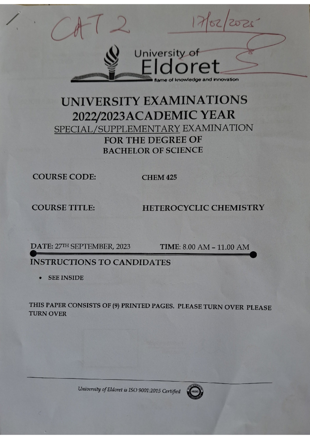 CHEM 425 TAKE AWAY CAT 2 - Heterocyclic chemistry assignment - CAT 2 ...