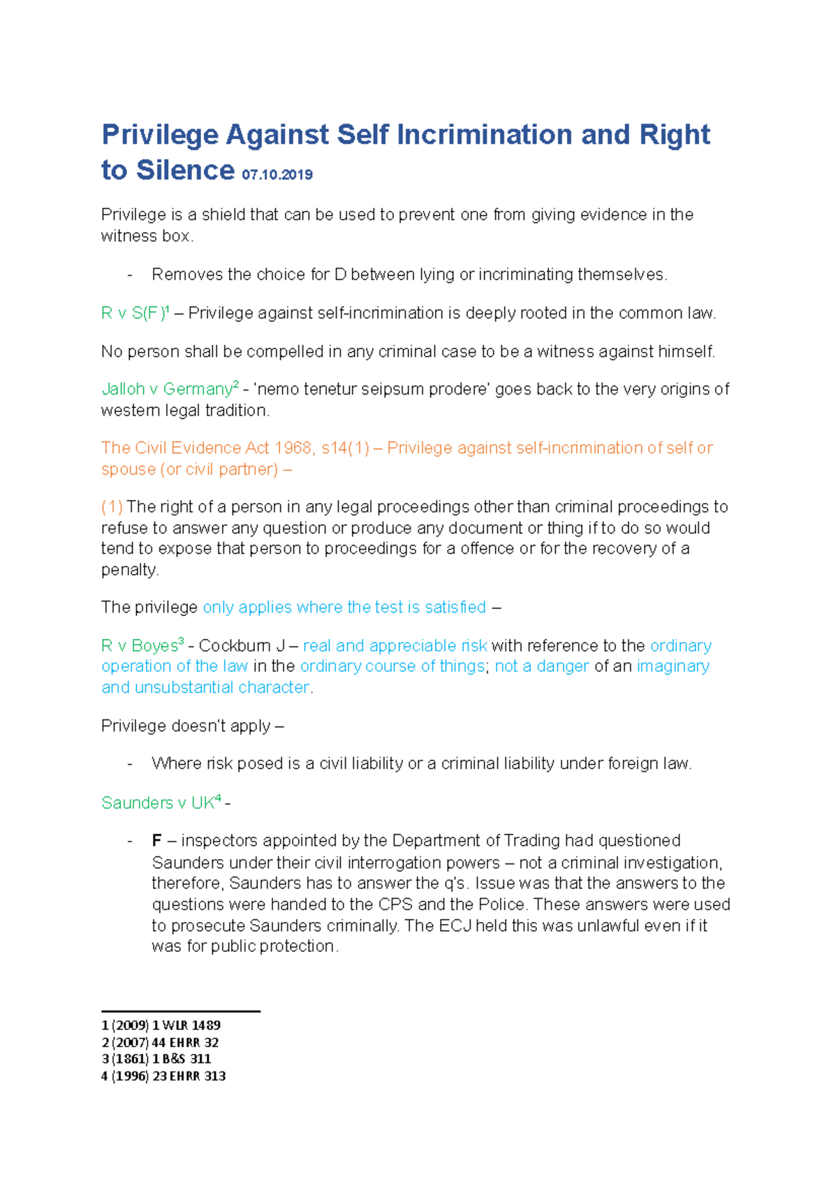 **Notes on the Right to Silence and Self-Incrimination (Course: Law 101 ...