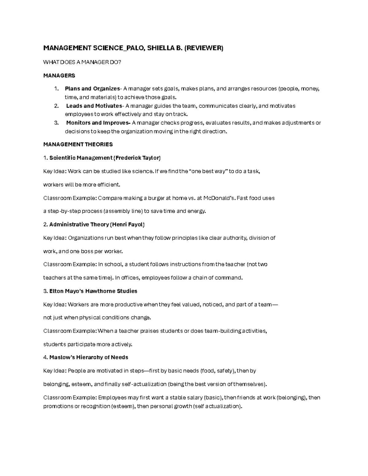 MANAGEMENT SCI 101: Key Concepts and Theories for Review - Studocu