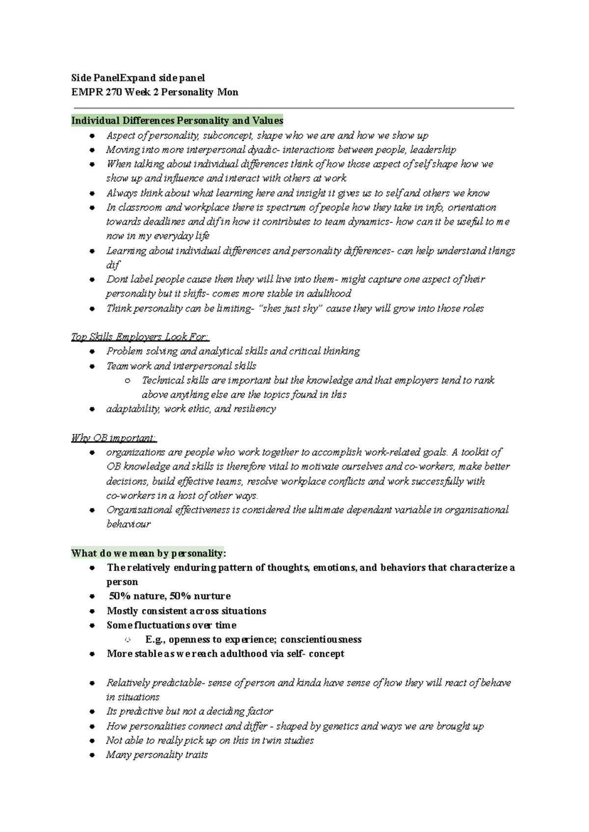 EMPR 270 Week 2 Lecture Notes: Personality & Individual Differences ...
