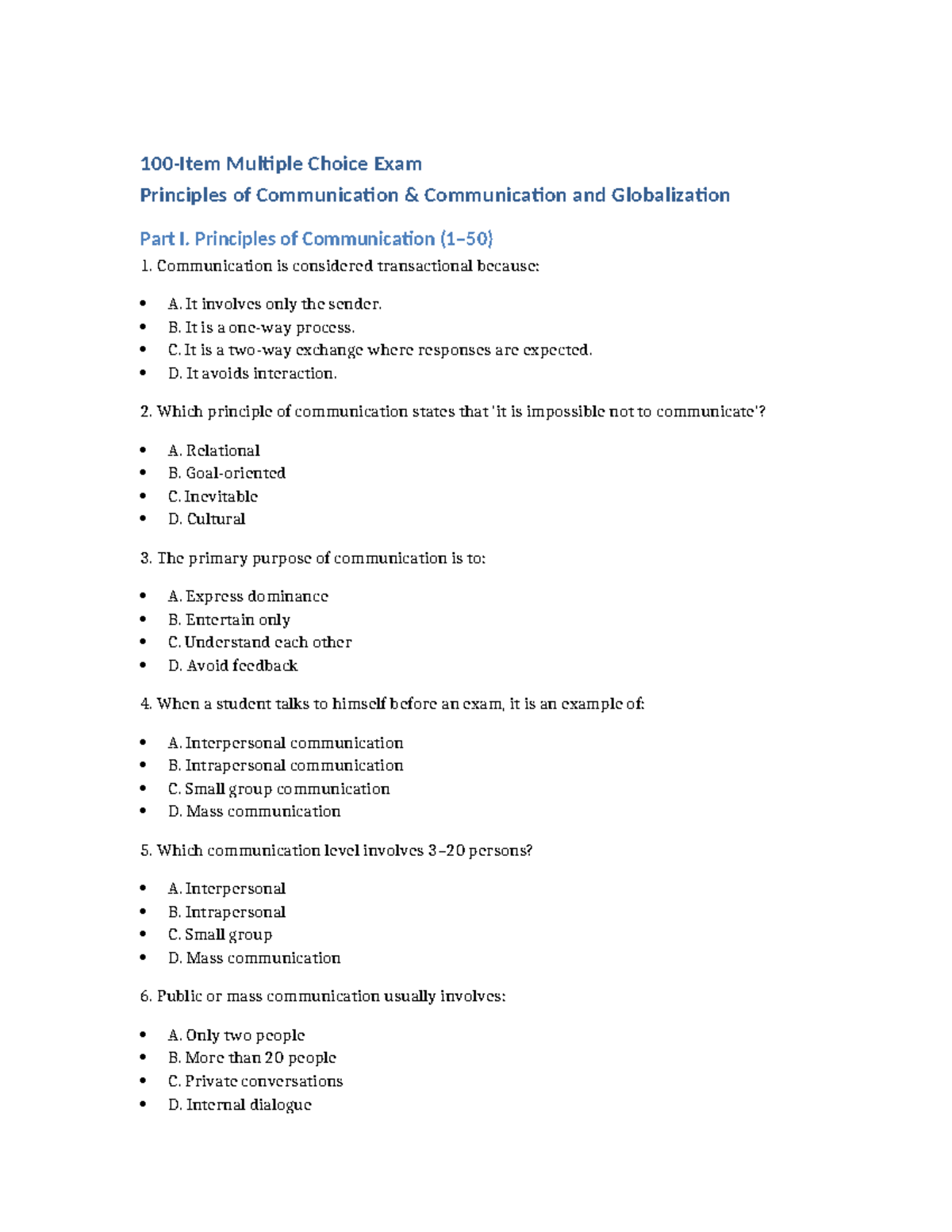 Multiple Choice Exam: Principles of Communication & Globalization - Studocu
