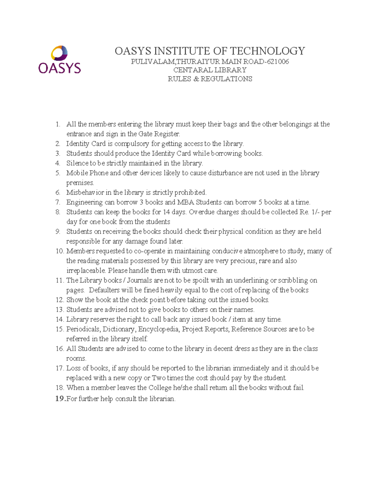 OASYS Institute Library Rules & Regulations for Students - Studocu