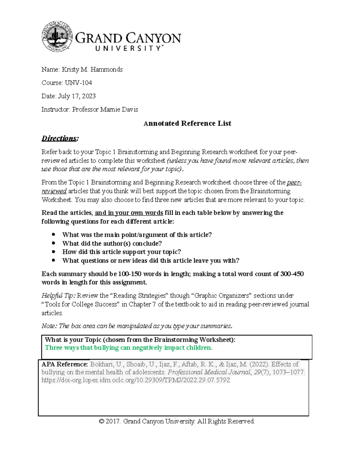 UNV-104-RS-T2 Annotated Reference List on Bullying Impacts - Studocu