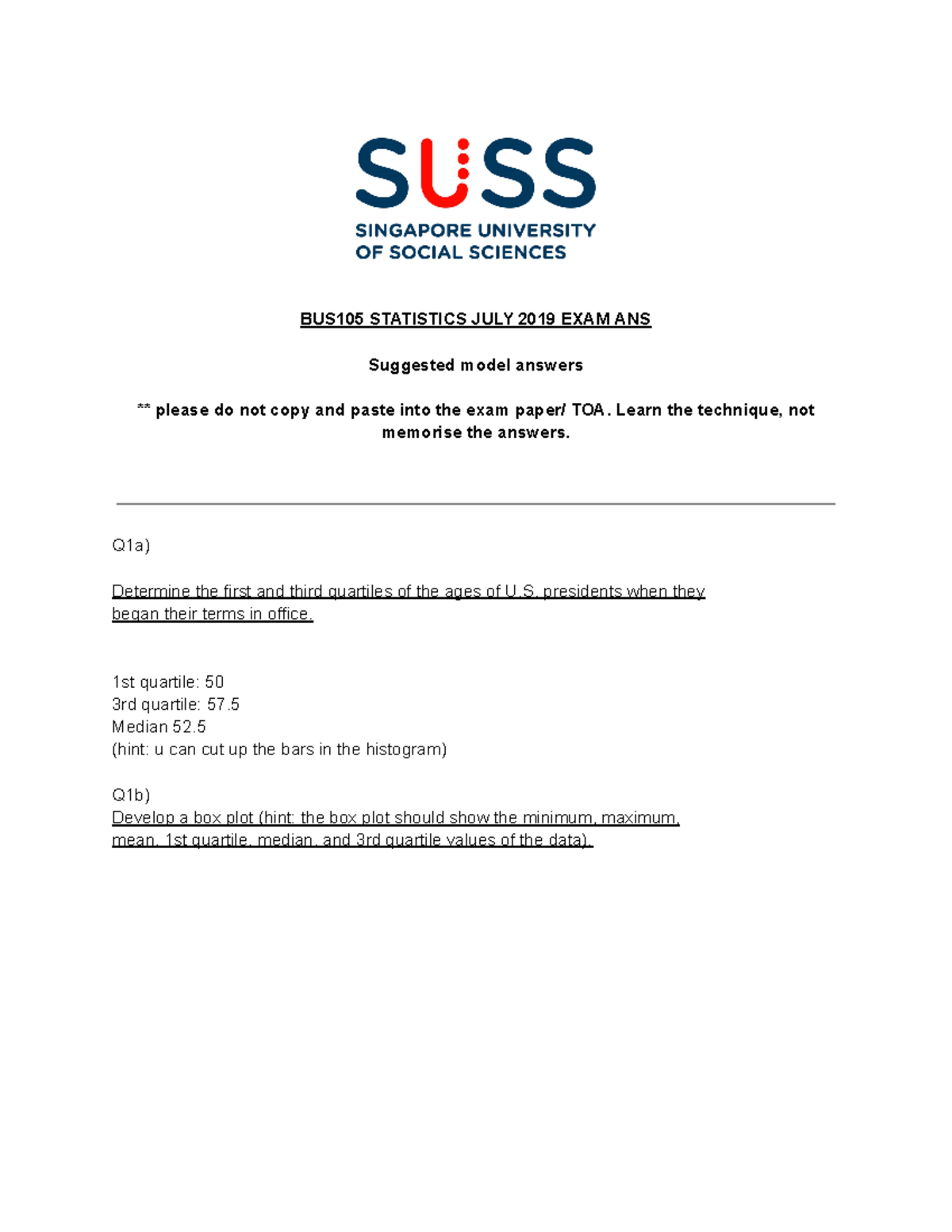 BUS105 July 2019 Statistics Exam Model Answers and Solutions - Studocu