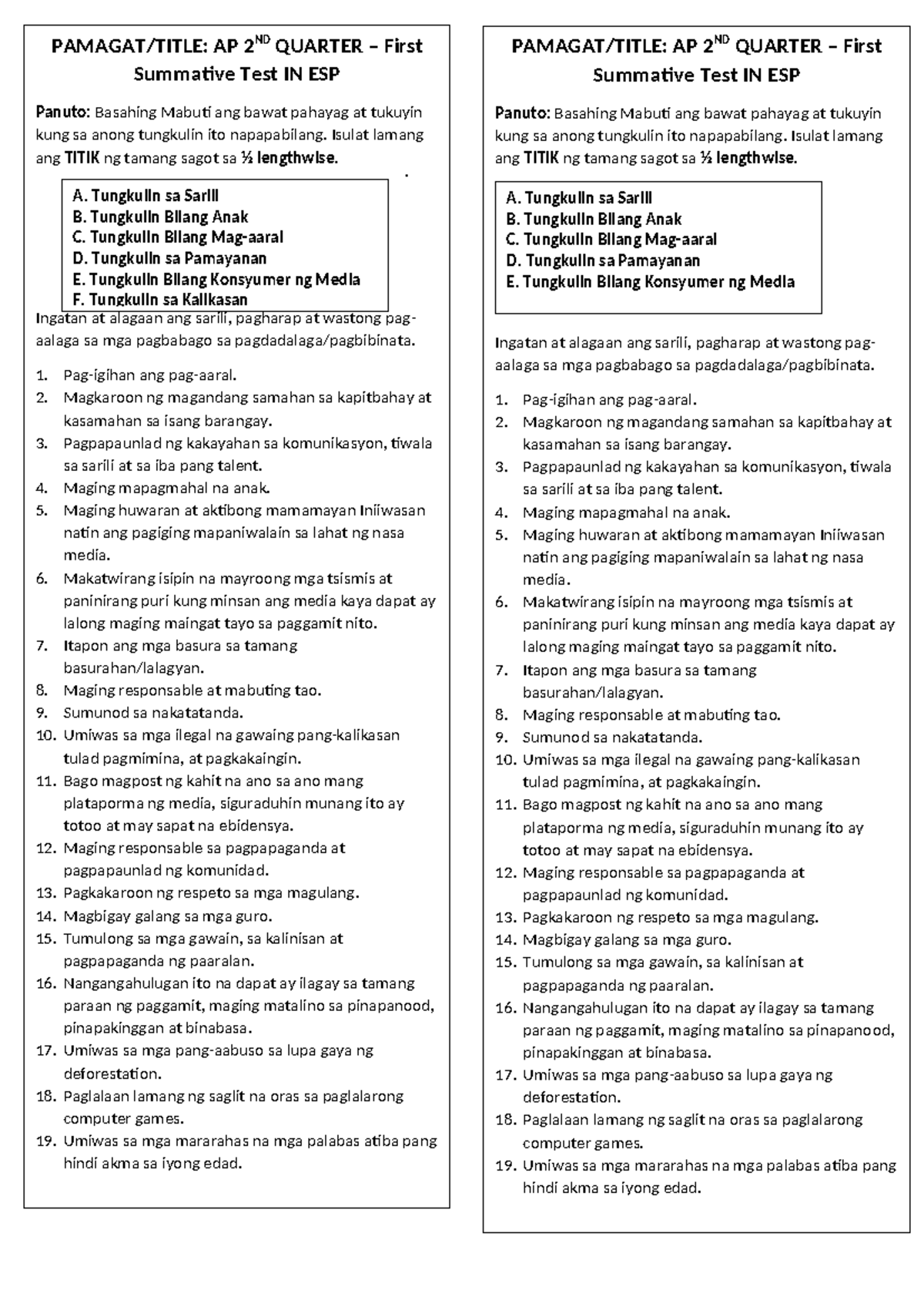 AP 2 2ND Quarter Summative Test for Grade 7 ESP: Tungkulin at ...
