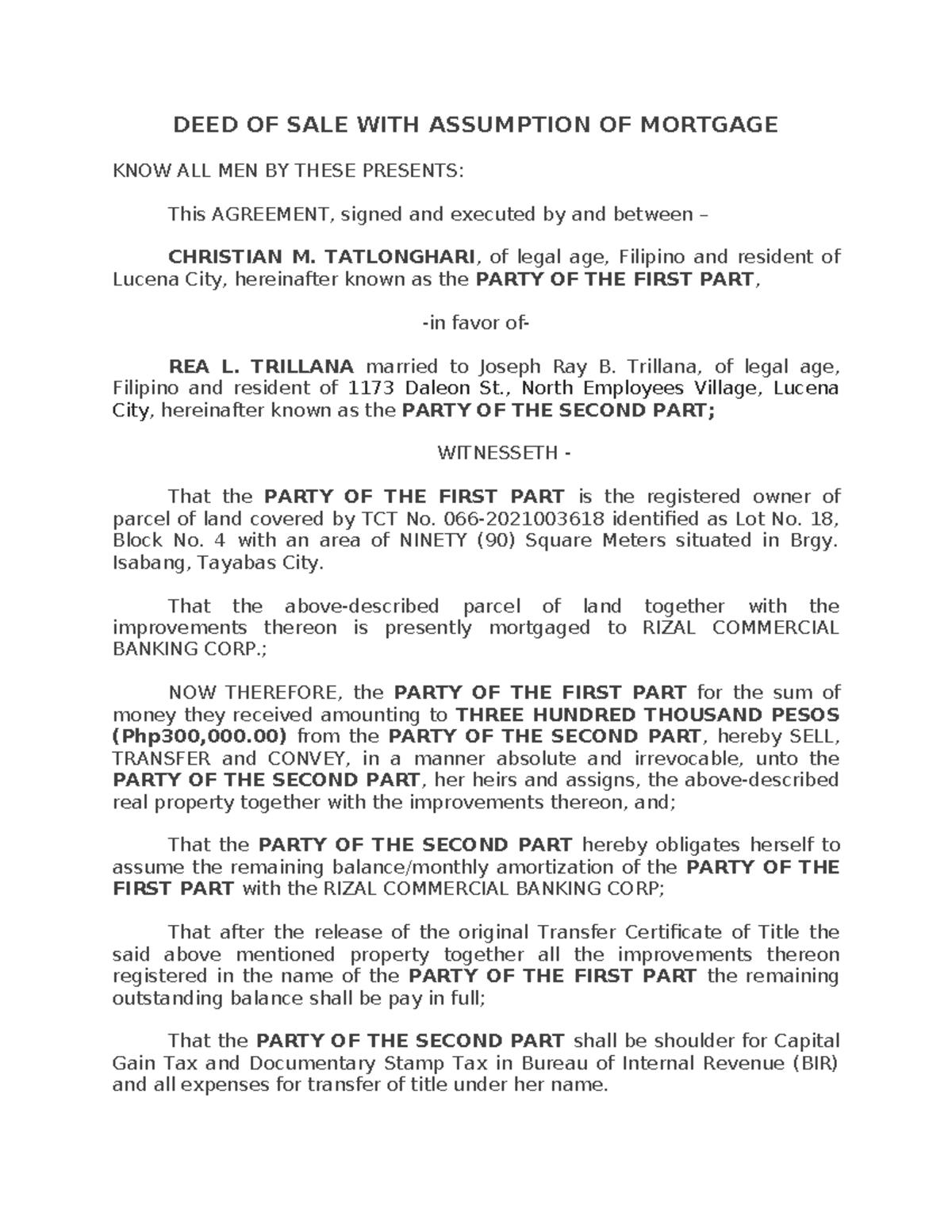Deed of Sale with Assumption of Mortgage - TCT No. Lot 18, Block 4 ...
