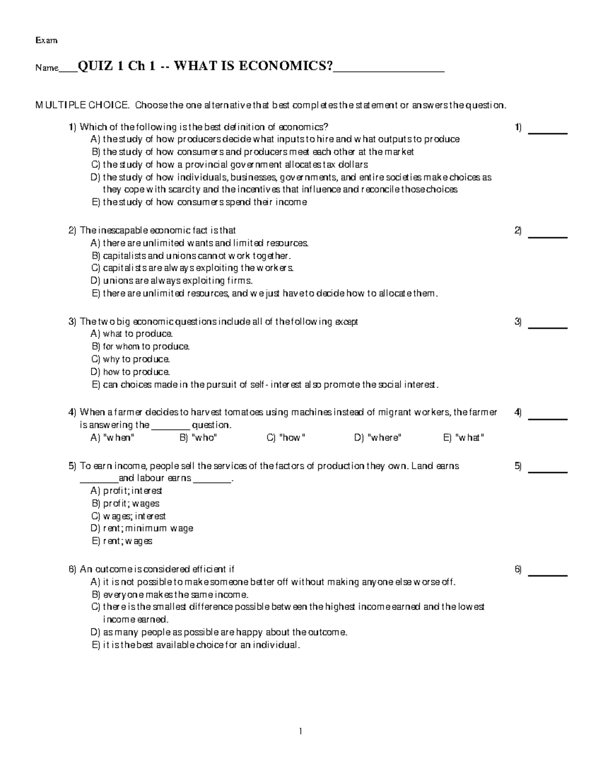 QUIZ 1: What is Economics? (Ch 1) - Practice Questions and Answers ...