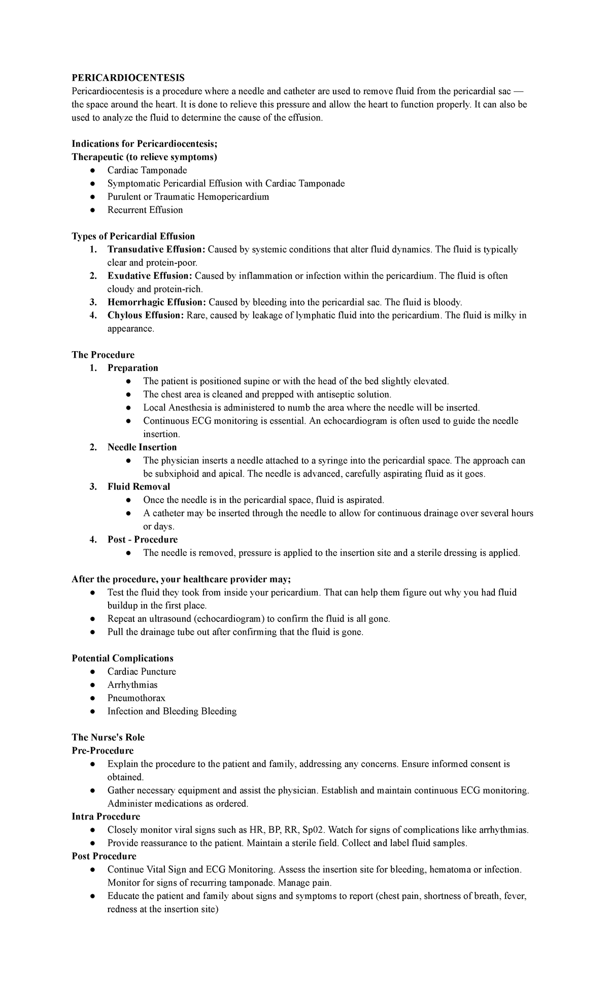 PERICARDIOCENTESIS: Procedure, Indications, and Complications - Studocu