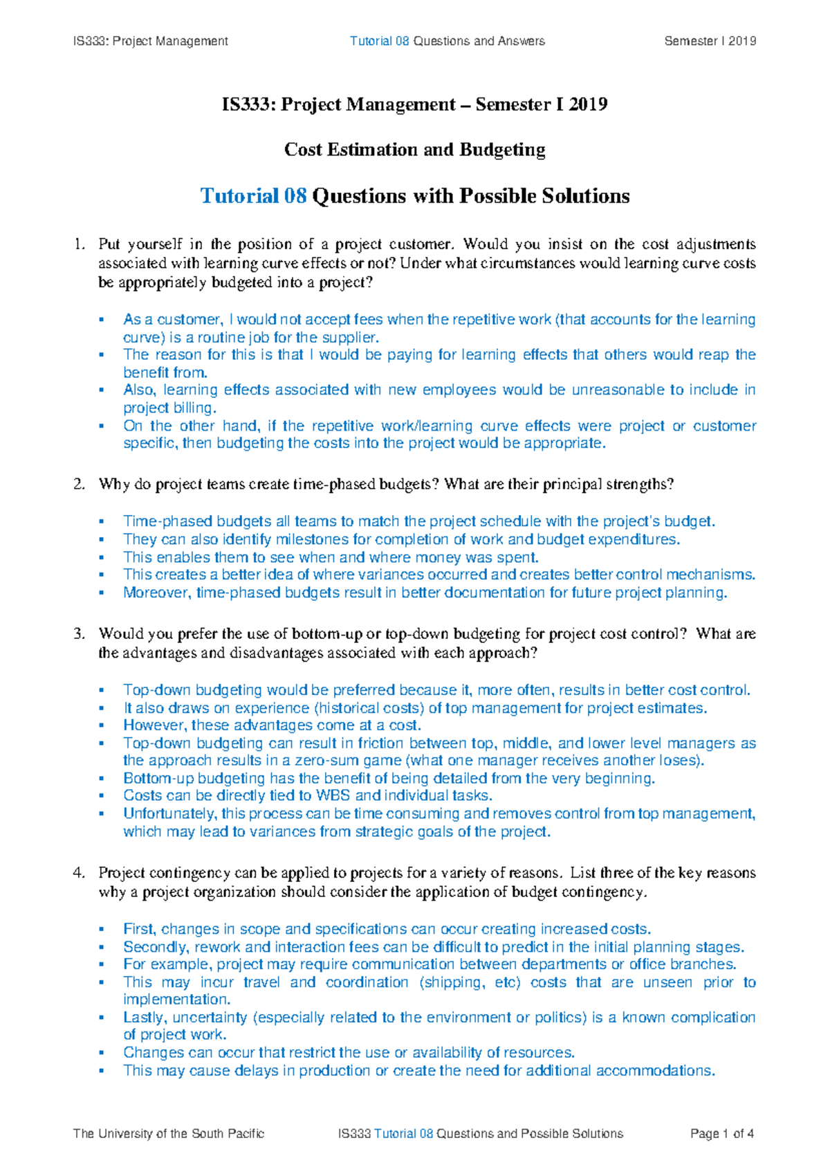 IS333: Project Management - Tutorial 08 Questions & Solutions - Studocu