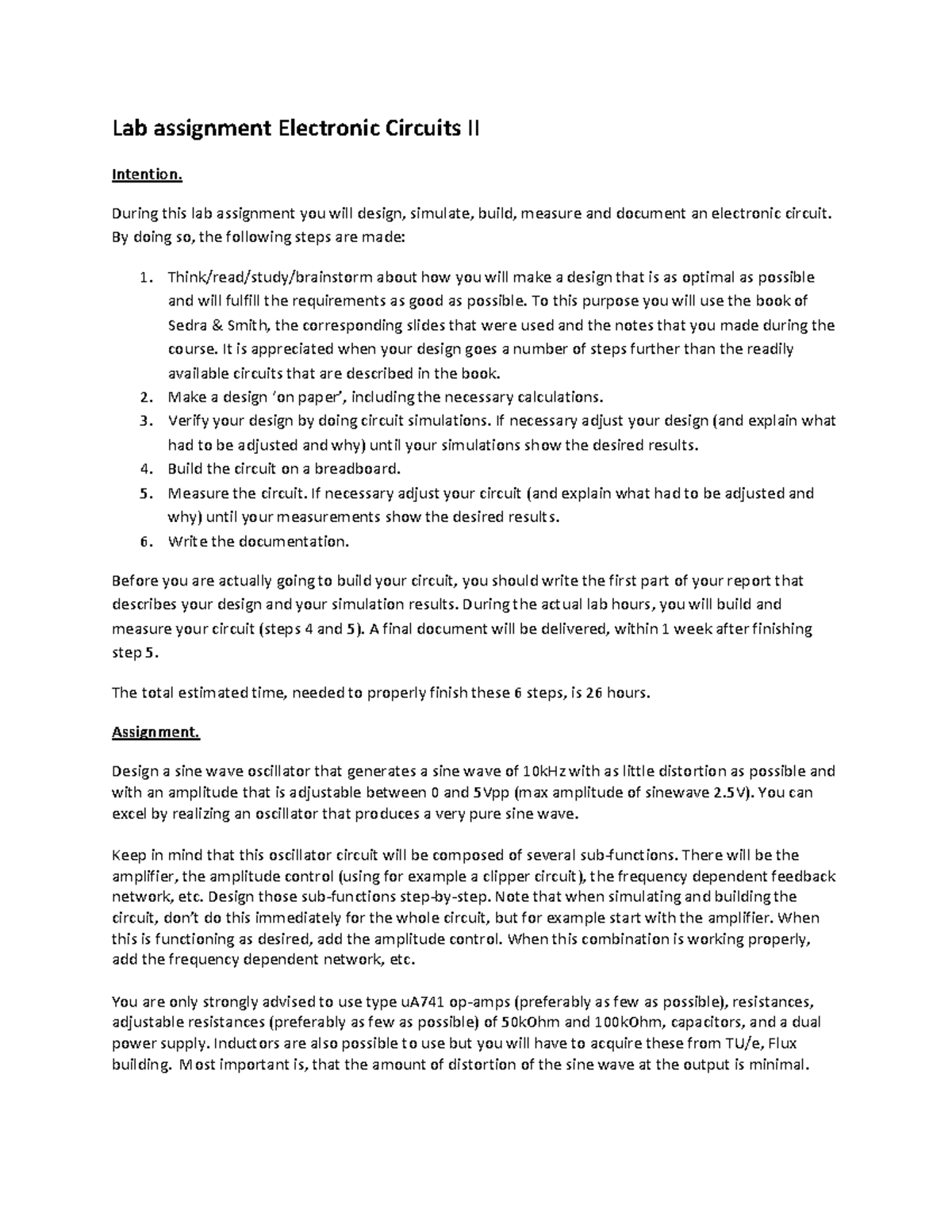 Lab Assignment 5ECC0: Designing a Sine Wave Oscillator for Circuits II ...