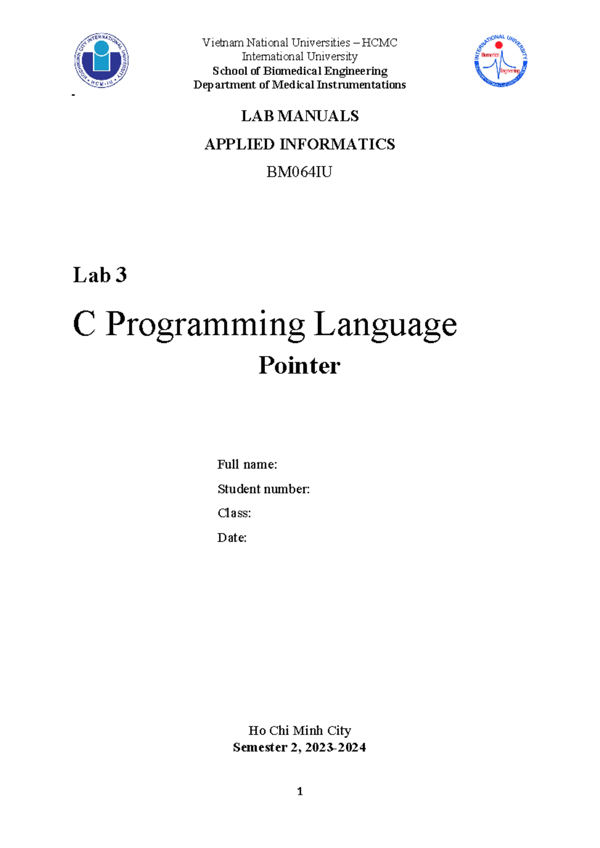 BM064IU Lab 3: Pointers in C Programming - Practical Manual - Studocu