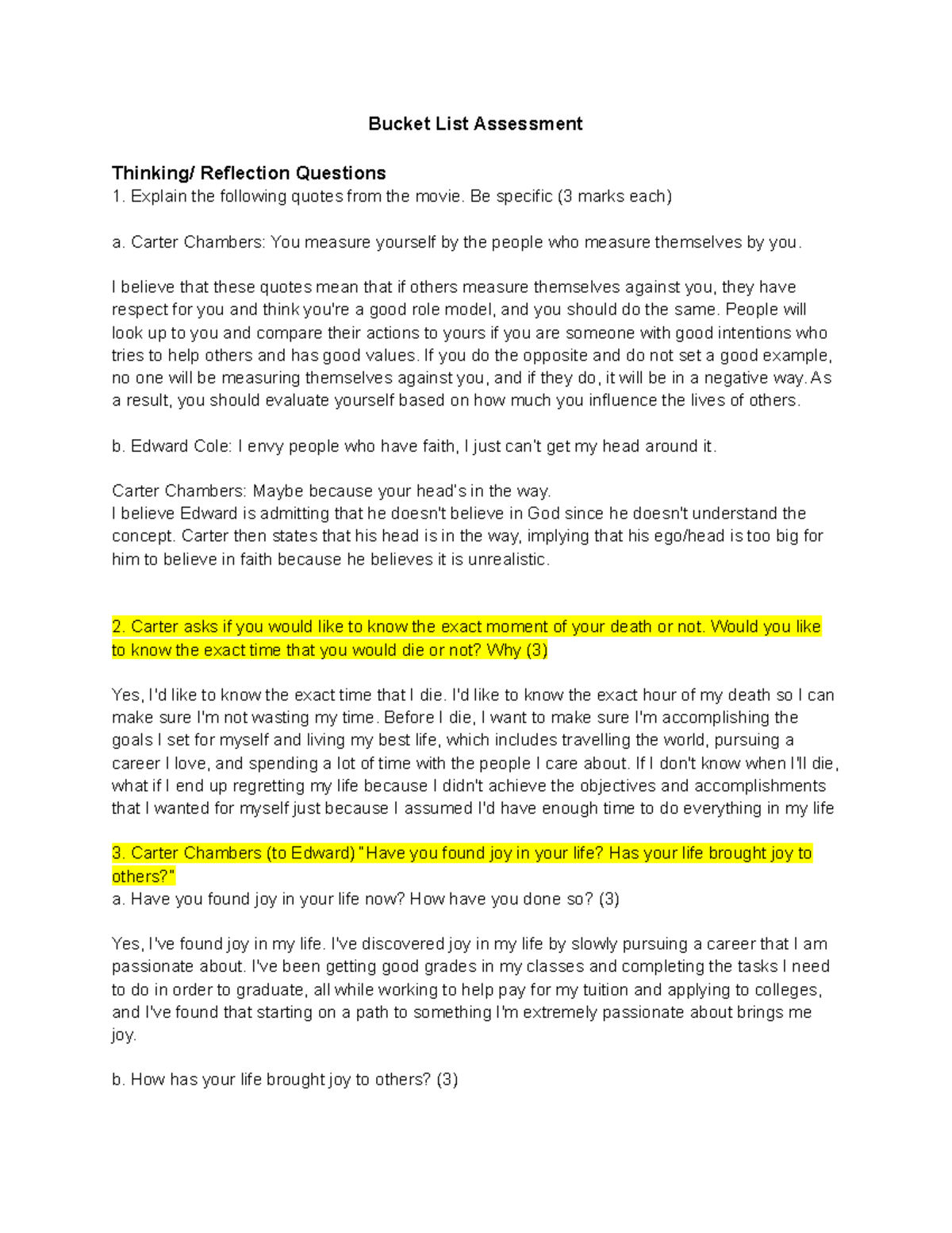 Bucket List Assessment: Reflective Questions and Personal Insights ...