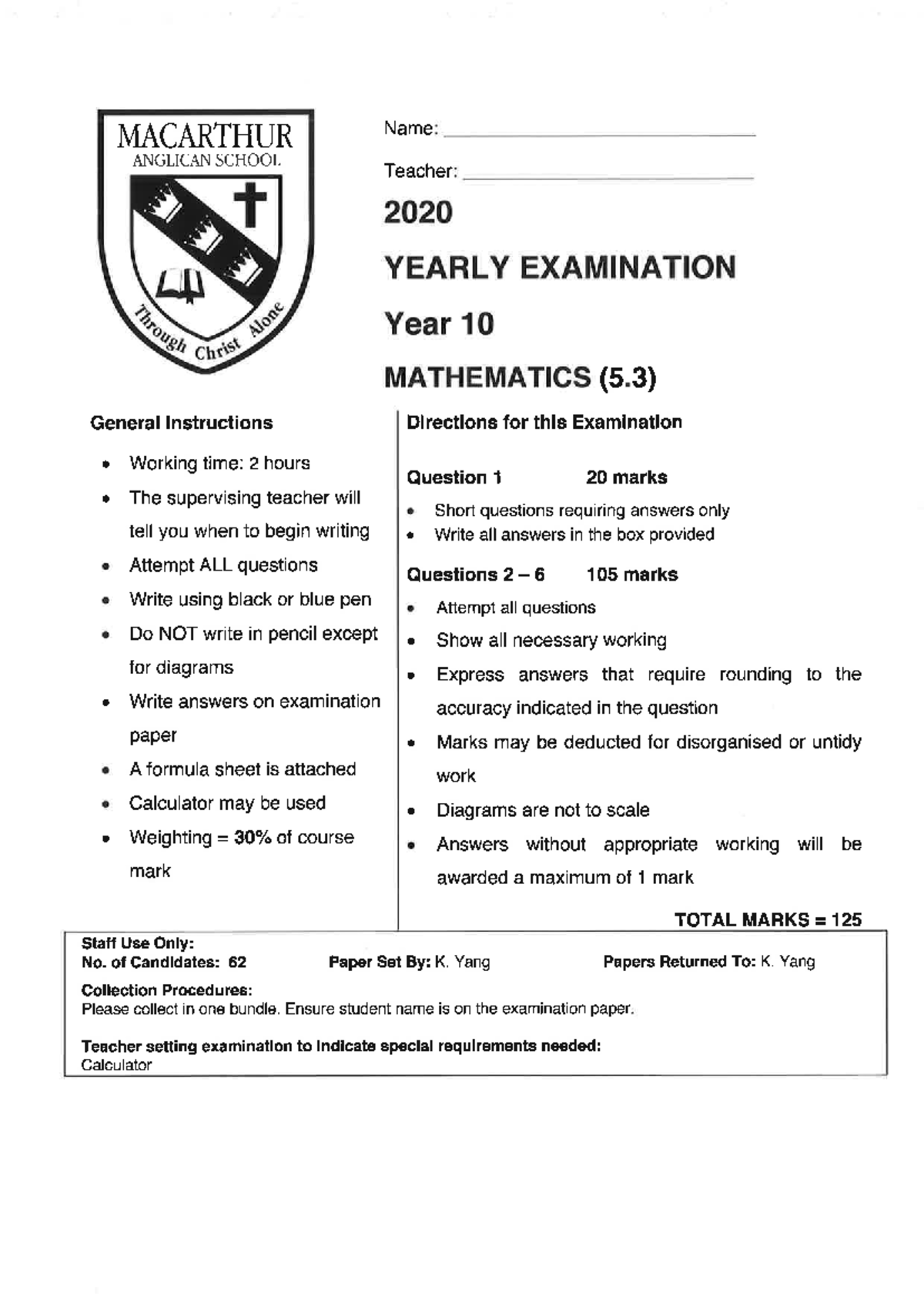 2020 Year 10 Mathematics (5.3) Yearly Examination Notes - Studocu