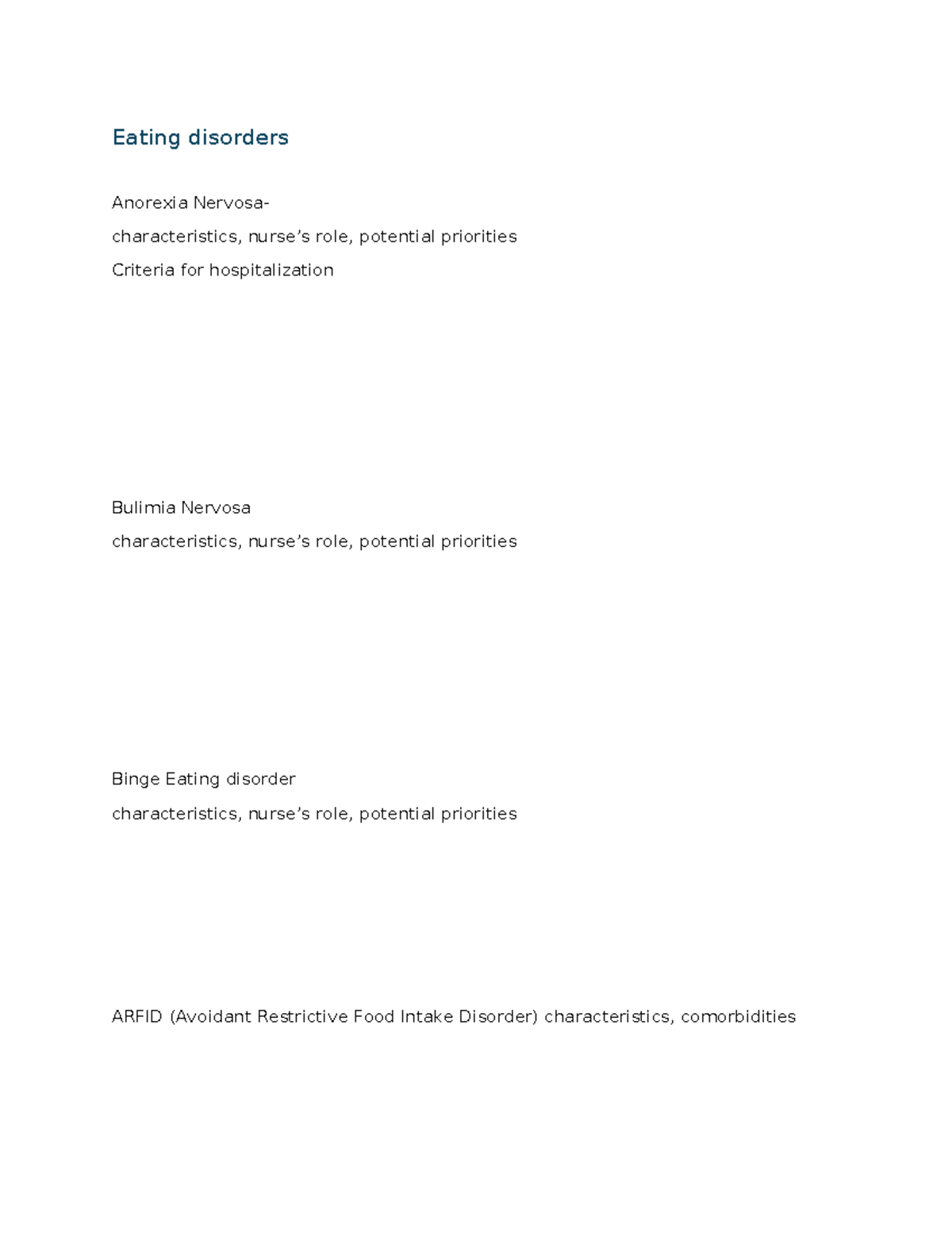 Eating Disorders Overview & Calculation Methods - Note Sheet - Studocu