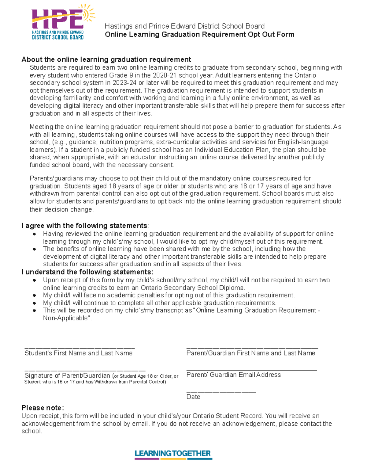 PPM 167 Online Learning Graduation Opt-Out Form Guide - Studocu