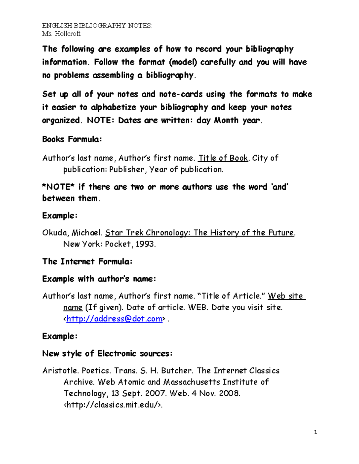 Bibliograhy Handout - Ms. Hollcroft The following are examples of how ...