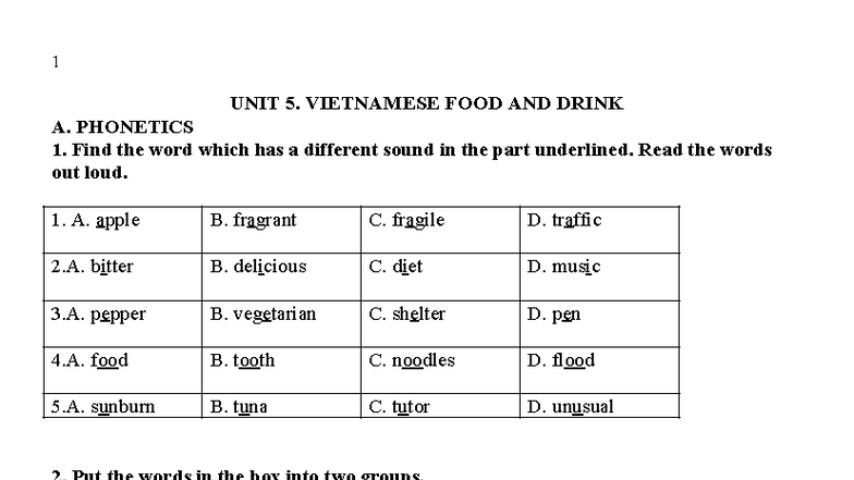 ANH 7 UNIT 5 - Vietnamese Food and Drink Phonetics & Vocabulary - Studocu