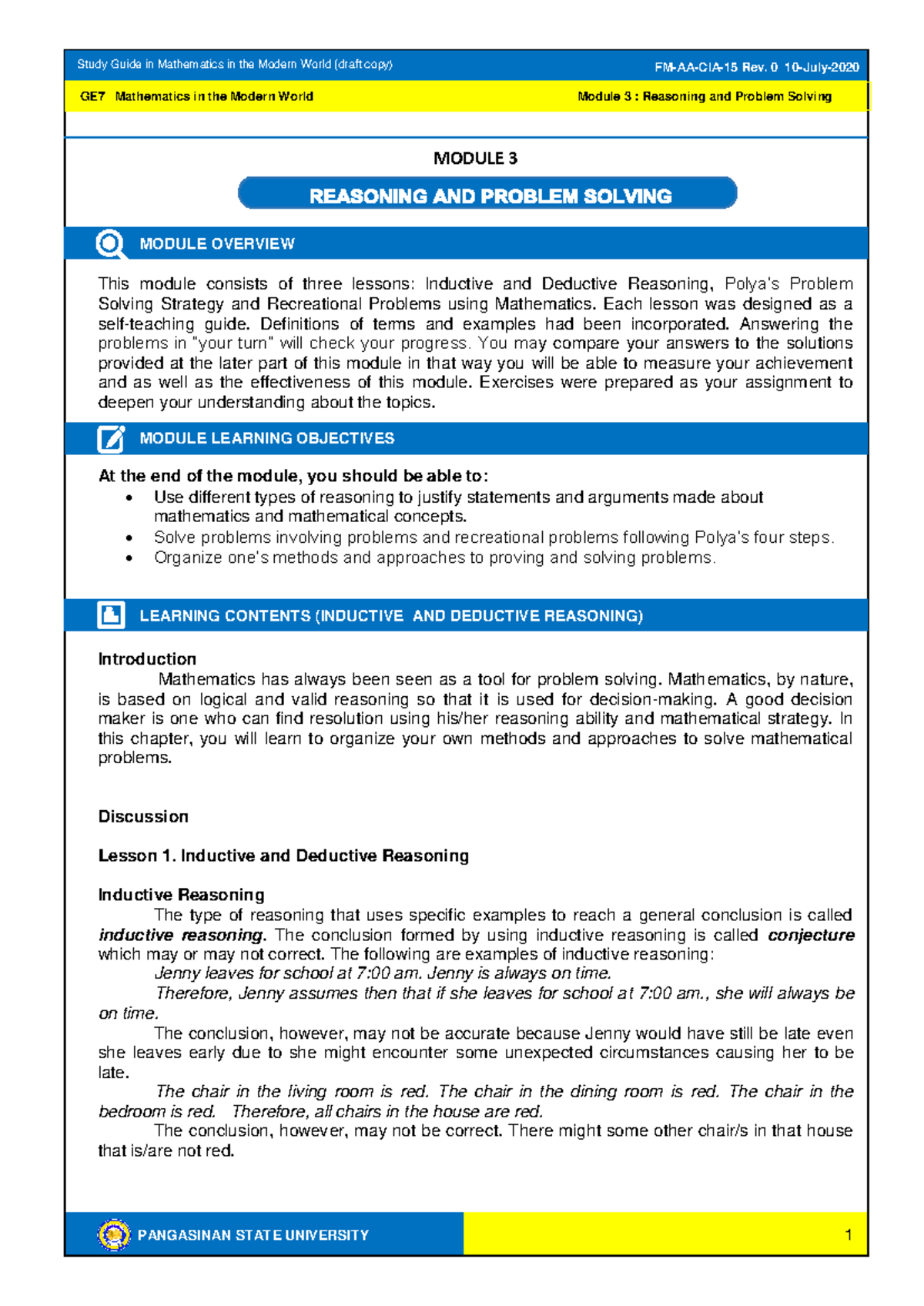 GE 7 MMW Module 3 - Reasoning and Problem Solving Study Guide - Studocu