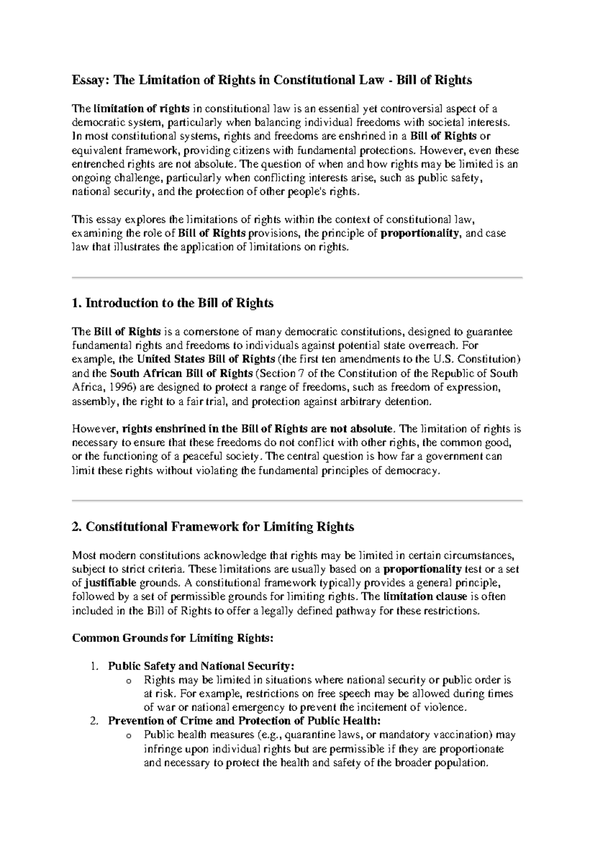 Essay: The Limitation of Rights in Constitutional Law (LAW 101) - Studocu
