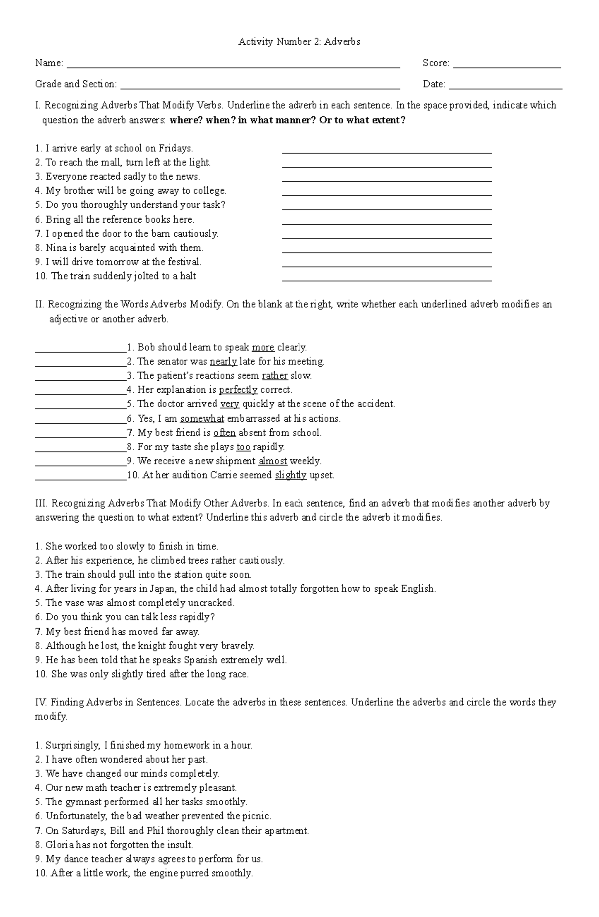 Adverb Activity #2: Modifying Verbs, Adjectives & Other Adverbs - Studocu
