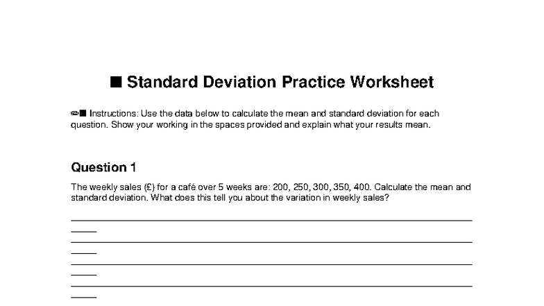 Standard Deviation Practice Worksheet (Statistics 101) - Studocu