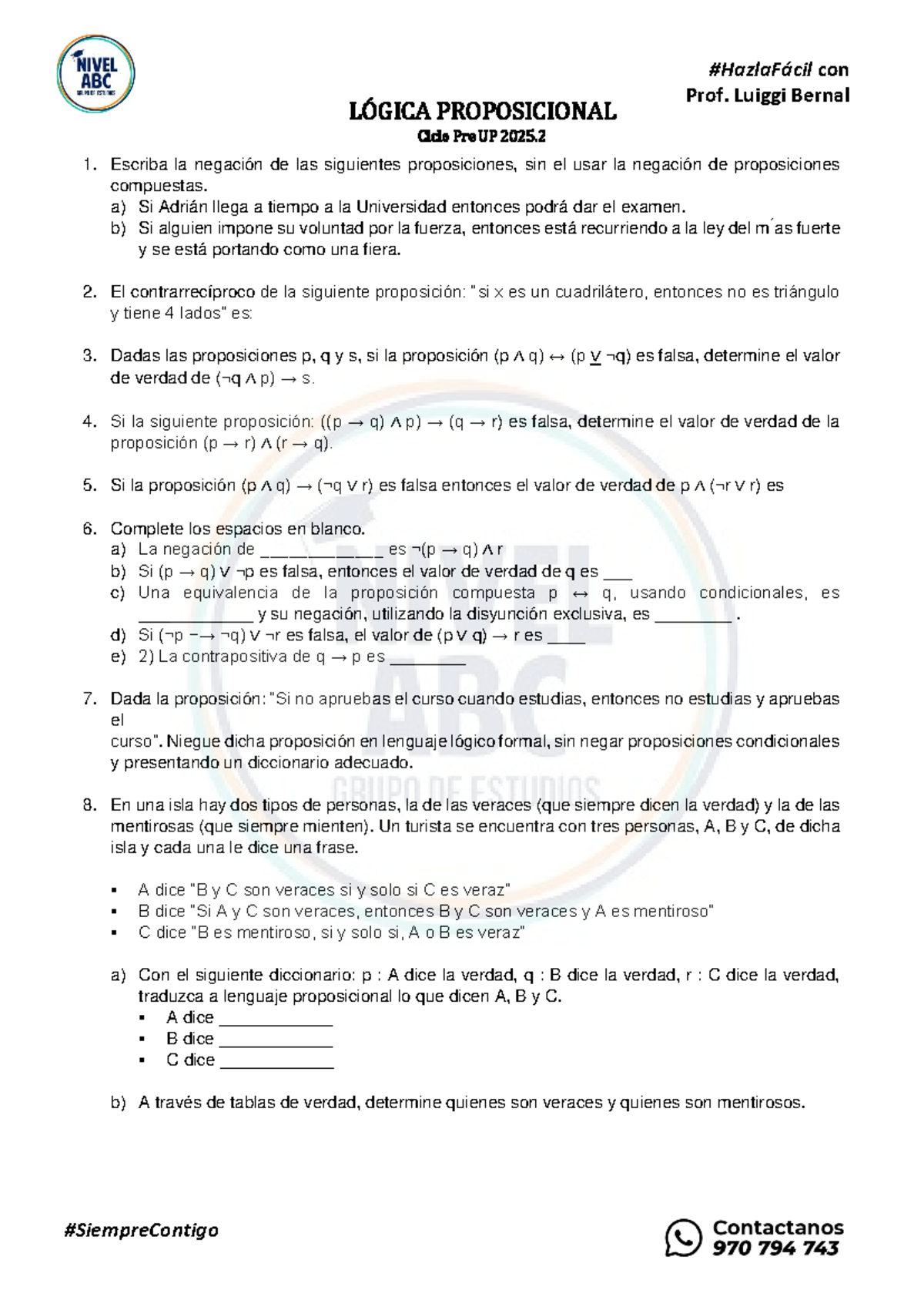 Lógica Proposicional - Ejercicios y Negaciones - Pre UP 2025.2 - Document Preview