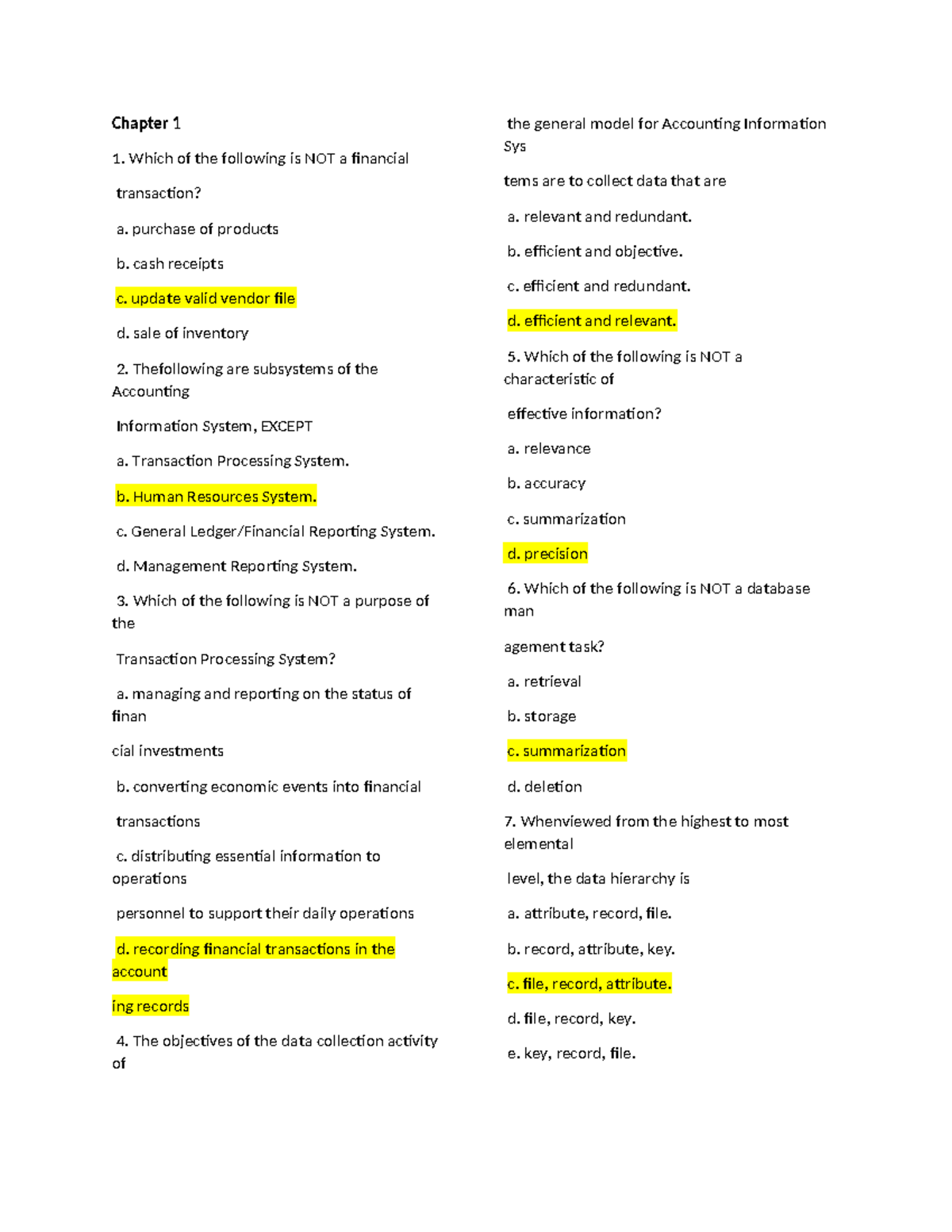 AIS - MCQ Answer Key for Chapters 1-4 Review - Studocu