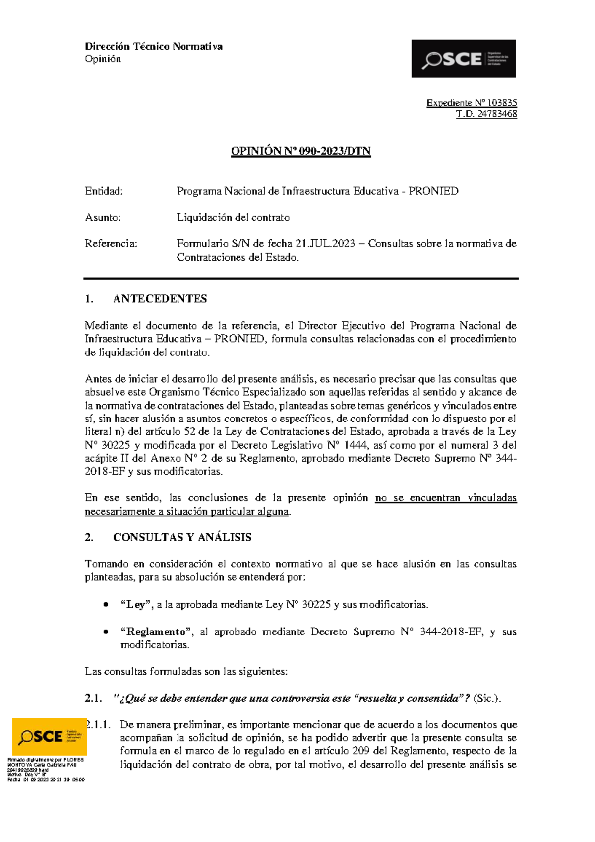 Opinión 090-2023-DTN - PRONIED: Controversias en Liquidación de Contratos - Document Preview