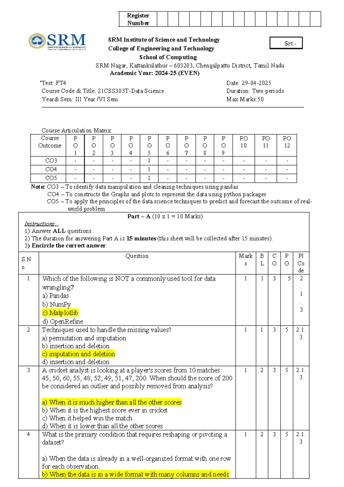 Set A CT2 Answer Key - Science Course Code: 12345 - Studocu