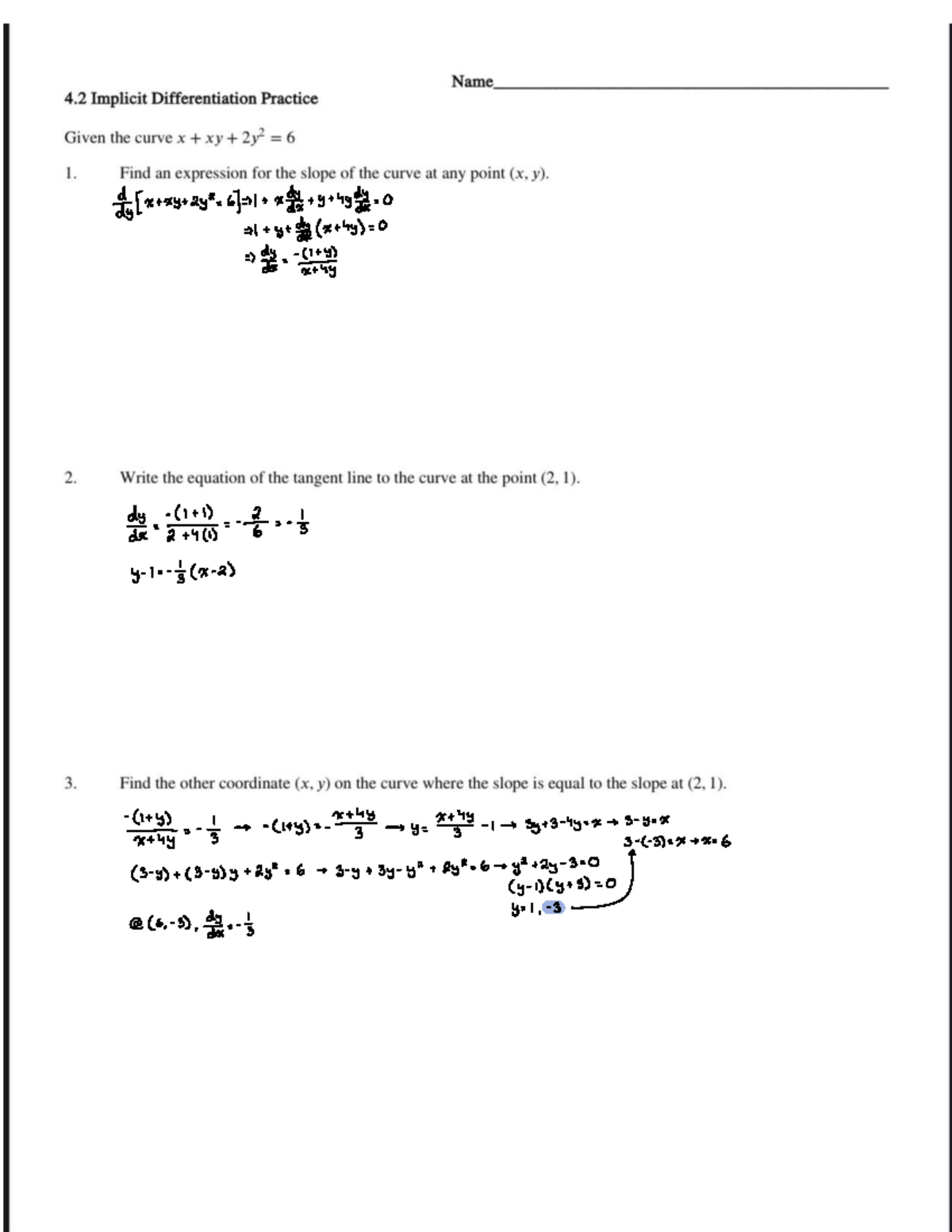 4.2 Implicit Differentiation - JHIS 201 - x as is E Its day 244 2 y 1 x ...