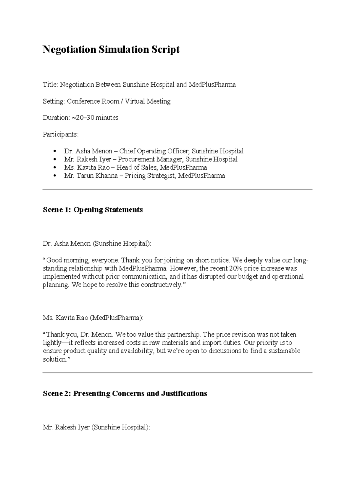 Negotiation Simulation Script: Sunshine Hospital vs. MedPlusPharma ...