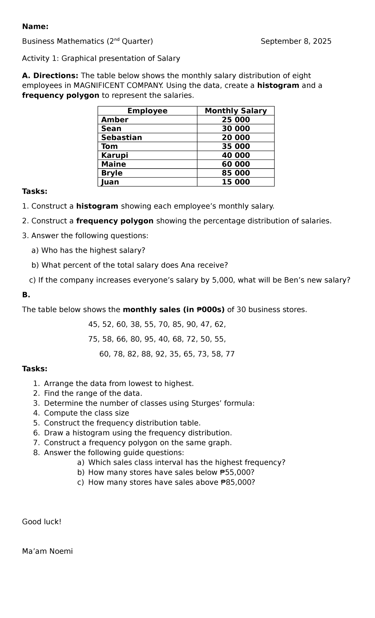 Business Mathematics (2Q) Activity 1: Graphical Salary & Sales Analysis ...