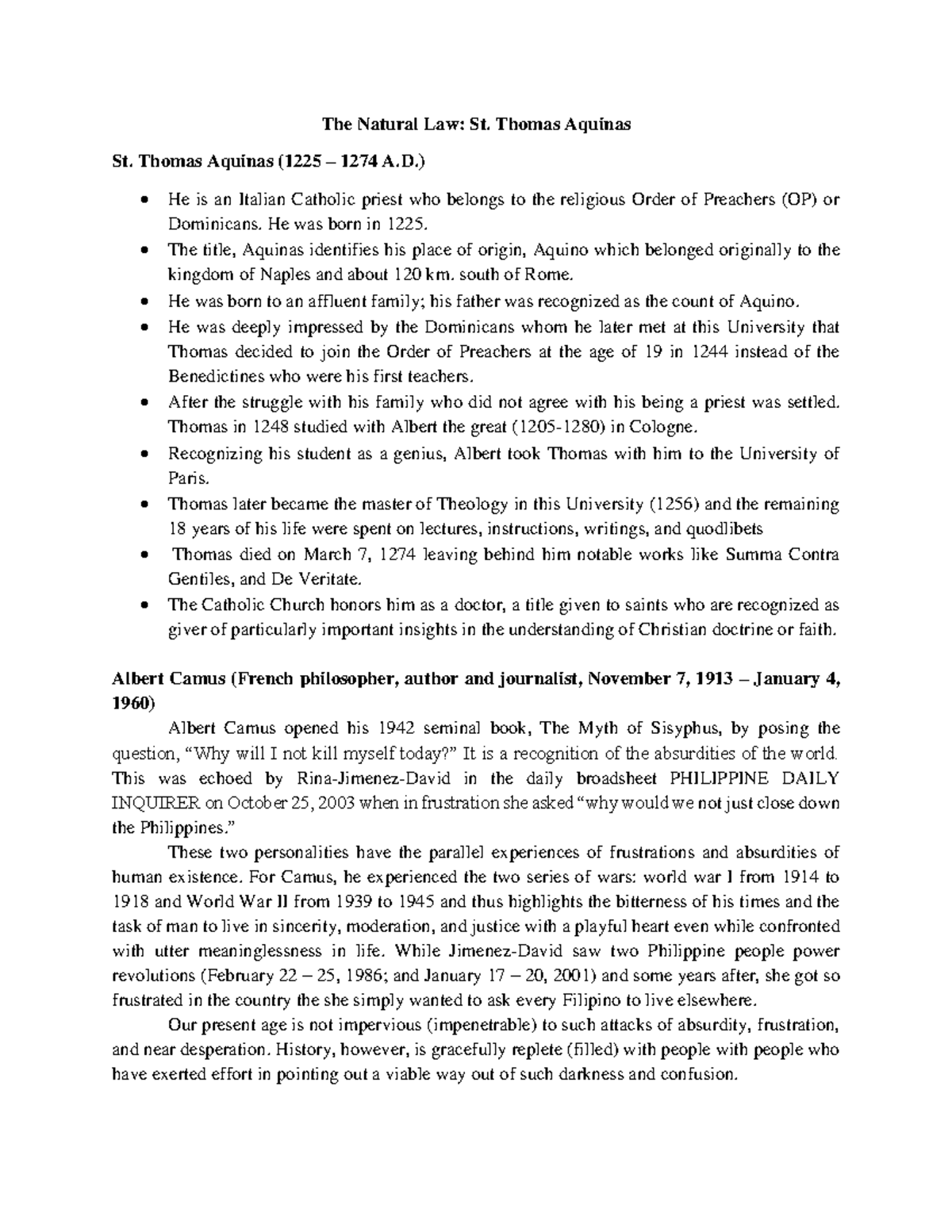 The Natural Law - Thomas Aquinas St. Thomas Aquinas (1225 – 1274 A.) He ...