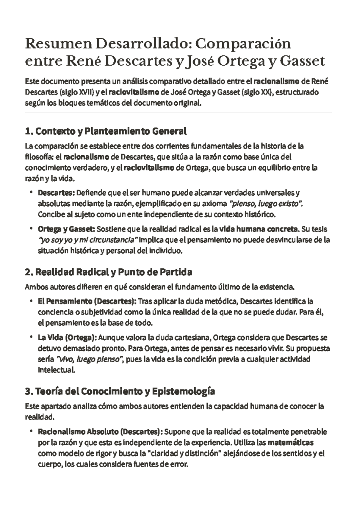 Resumen Comparativo: Racionalismo de Descartes vs Raciovitalismo de ...