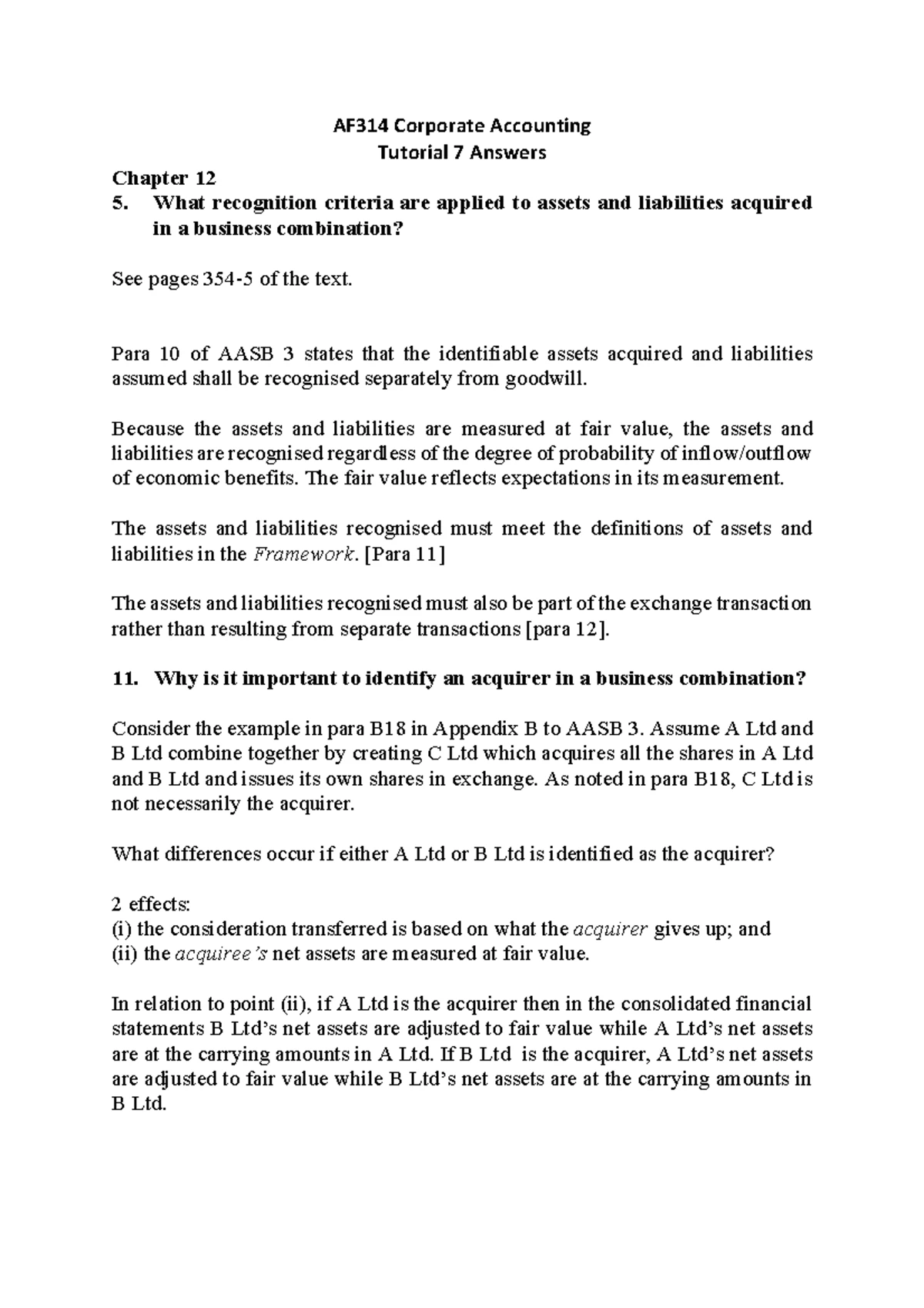 Tutorial Solutions for Business Combinations: Chp 7 AASB 3/IFRS 3 - Studocu