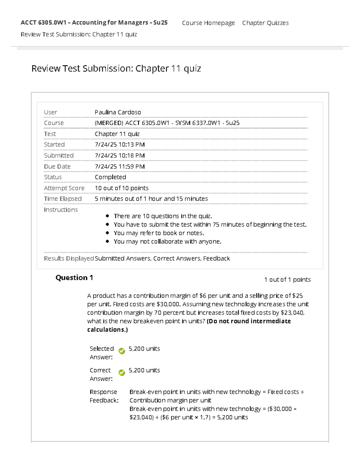Chapter 11 Quiz Review - ACCT 6305.0W1 - Accounting for Managers - Studocu