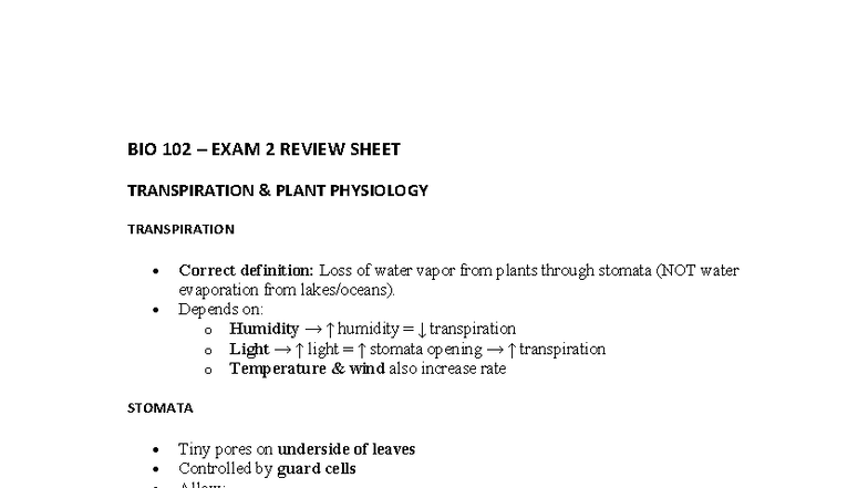 BIO 102 Exam 2 Review: Transpiration & Plant Physiology - Studocu